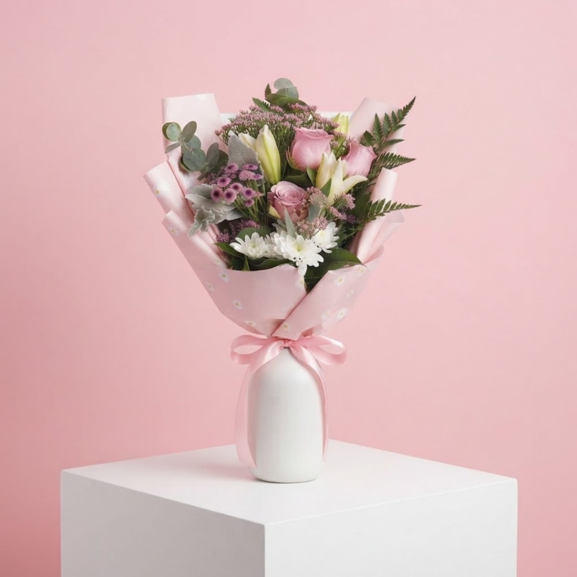 Pink and white bouquet in a white vase with a ribbon