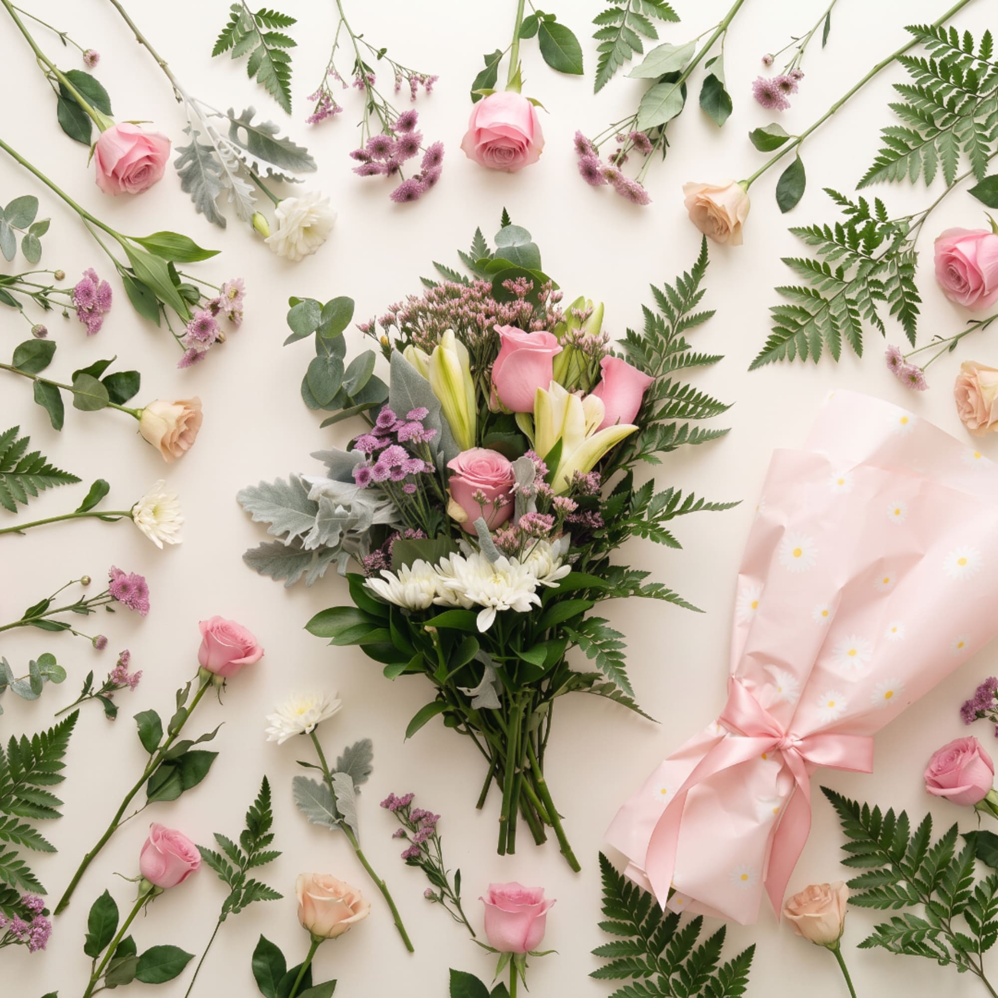 Pink rose bouquet with white lilies and purple filler flowers