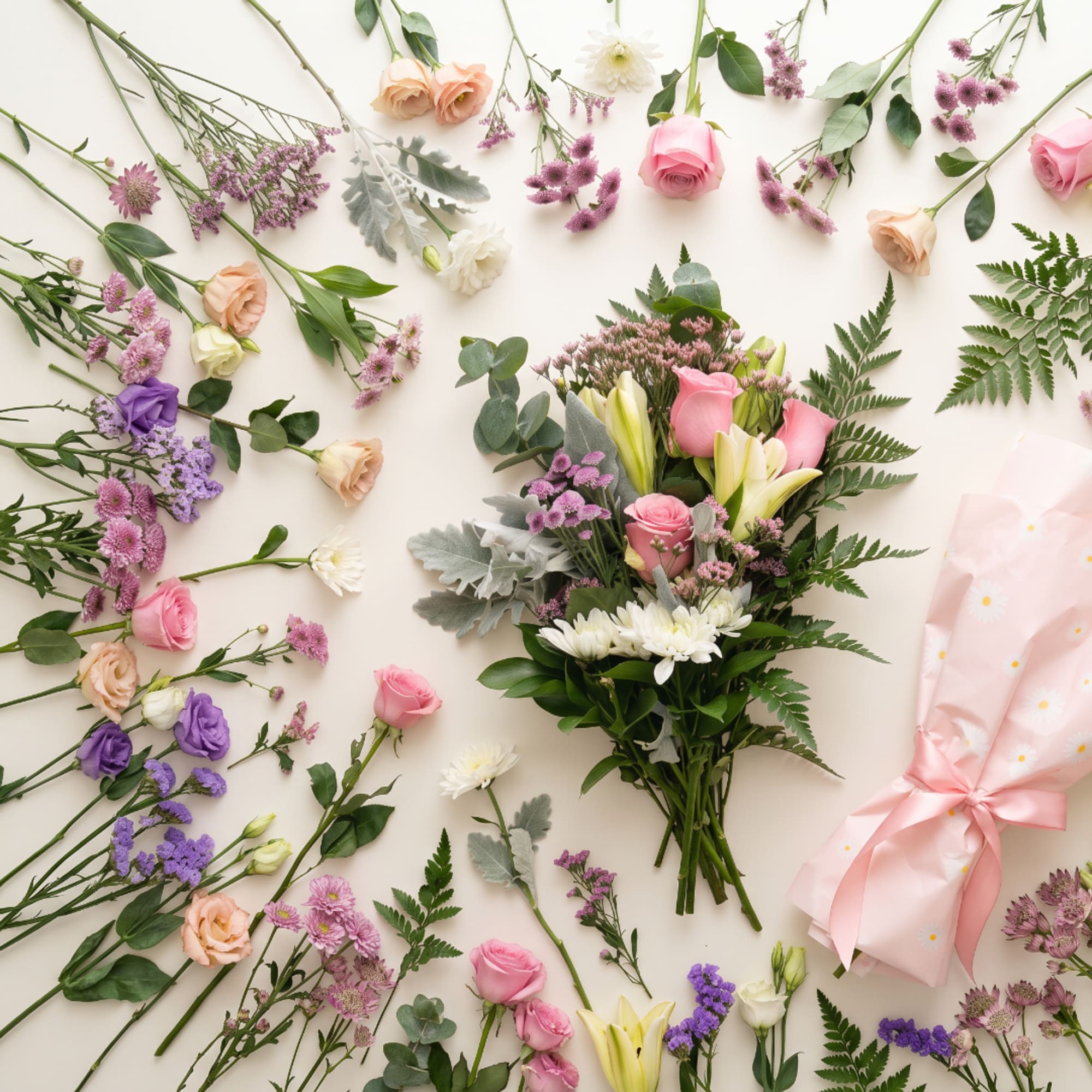 Mixed bouquet of pink, white, and peach flowers with a pink ribbon wrap