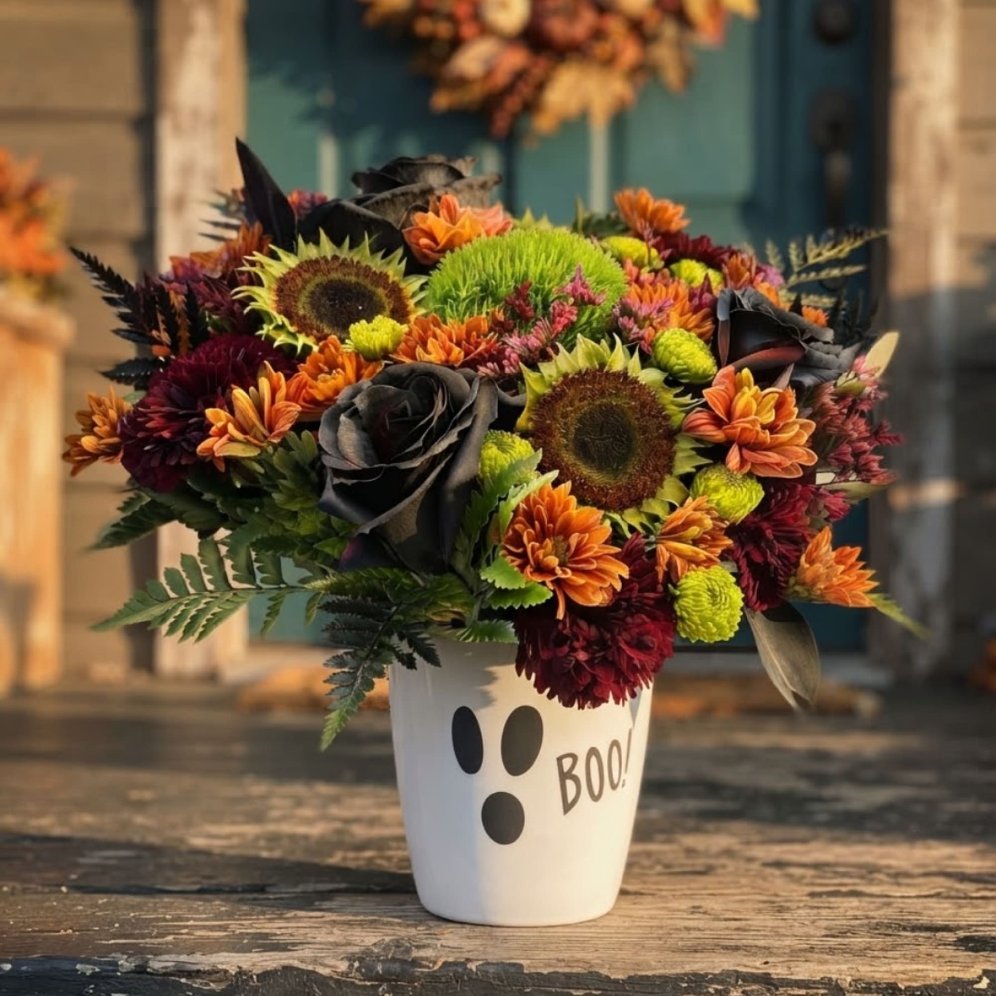 Halloween bouquet in a white ghost-face vase with "BOO!" text