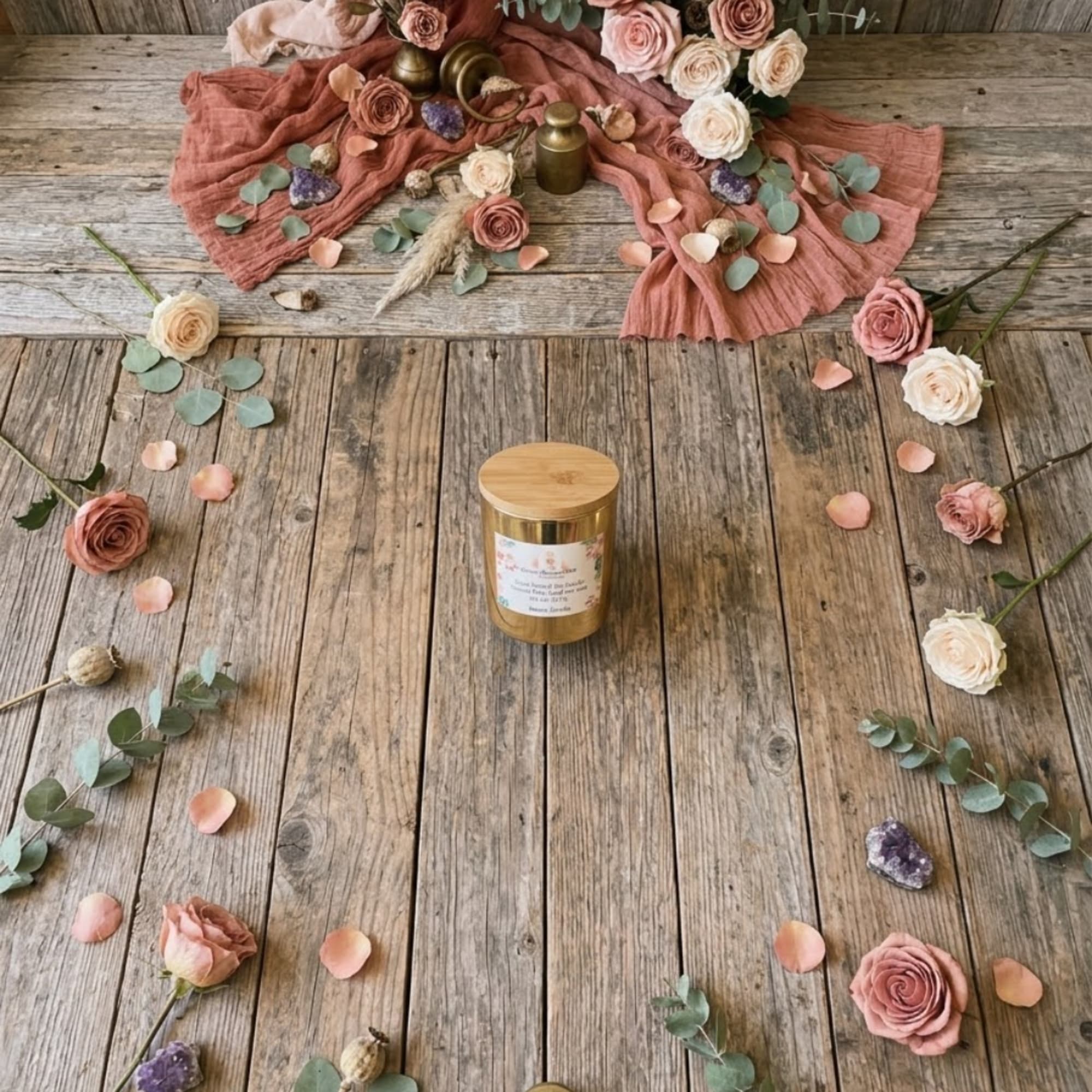 Pink and cream roses arranged around a gold candle jar on a rustic wood surface