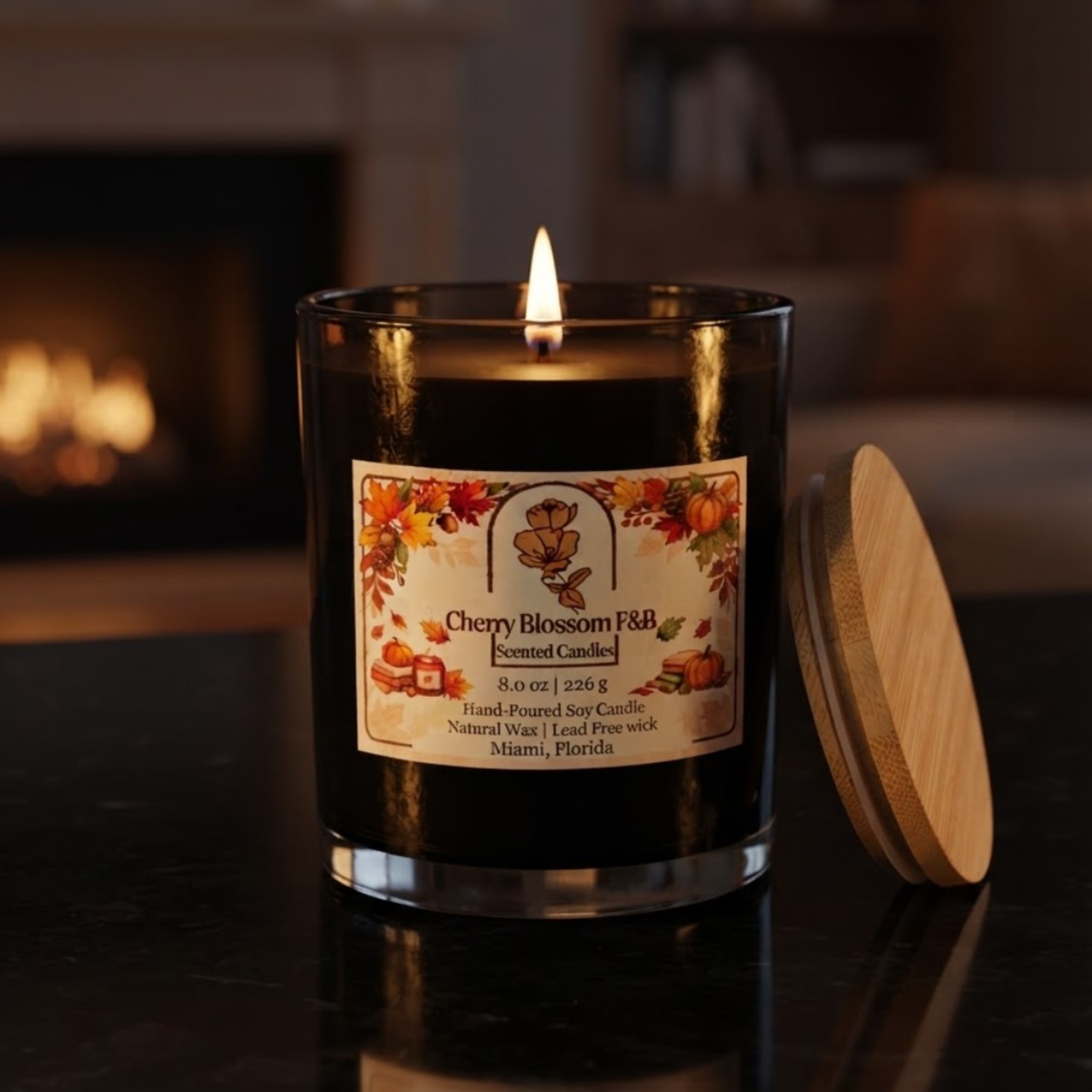 Lit black glass candle with a wooden lid beside it