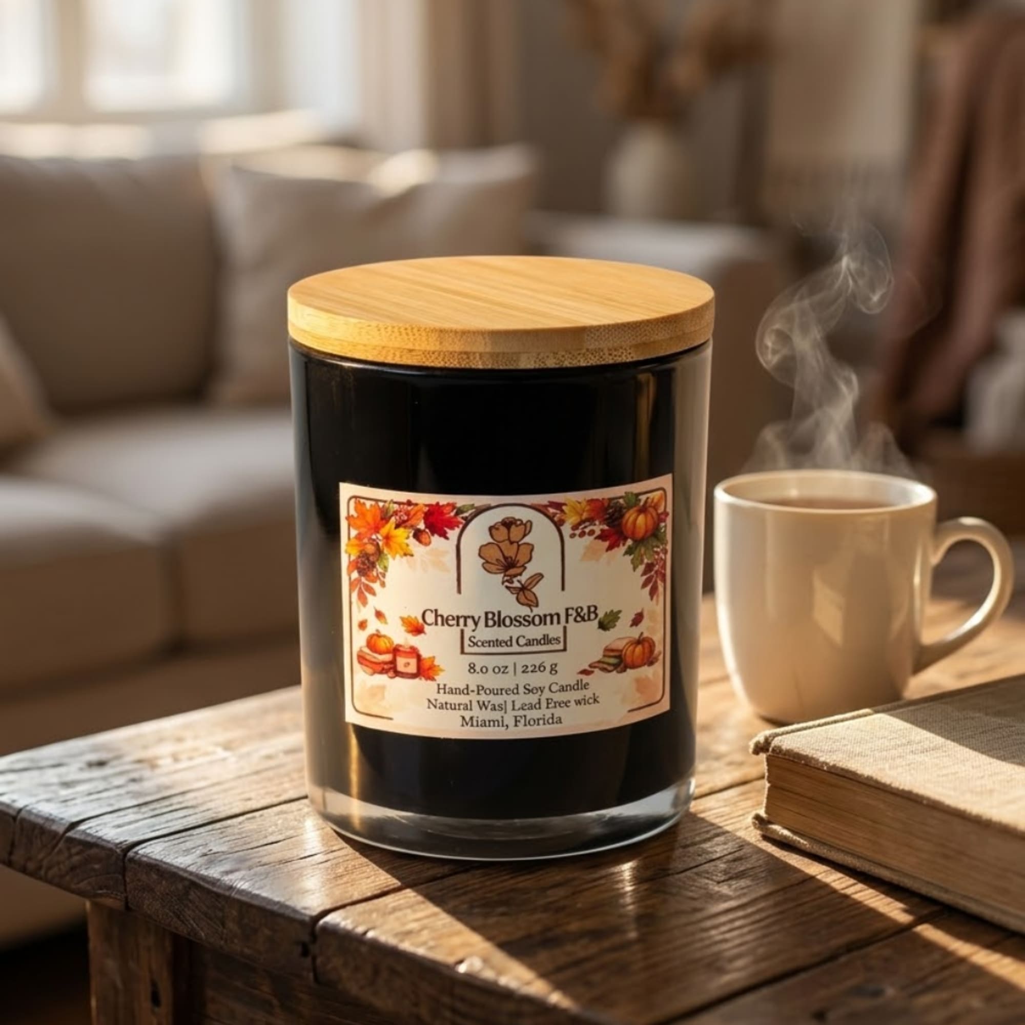Black candle jar with a wooden lid on a table beside a steaming mug