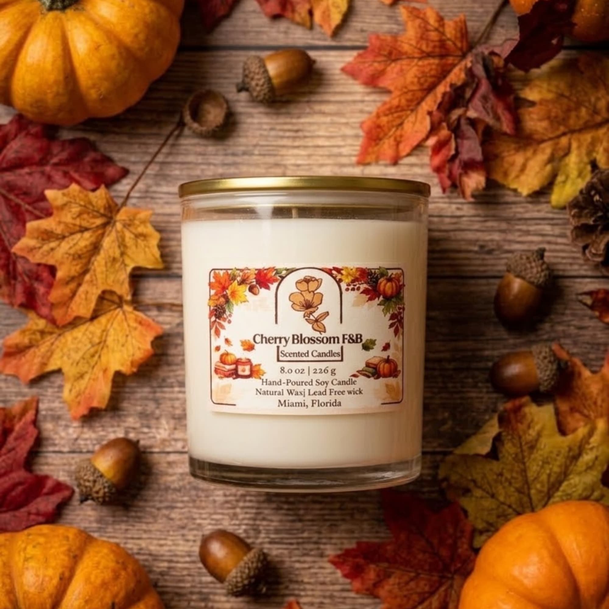 Scented candle in a glass jar surrounded by autumn leaves, pumpkins, and acorns