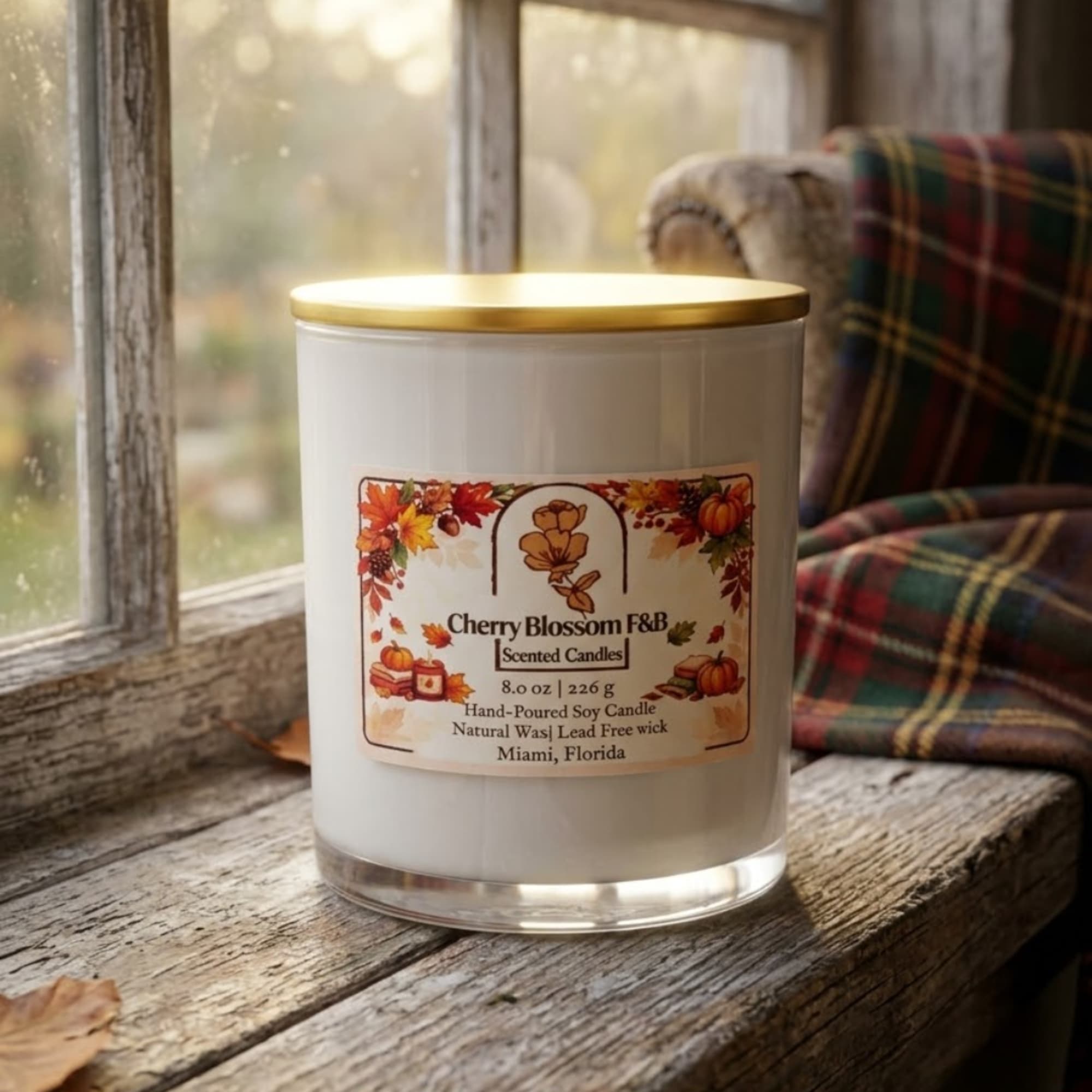 White scented candle in a clear glass jar with a gold lid and autumn label