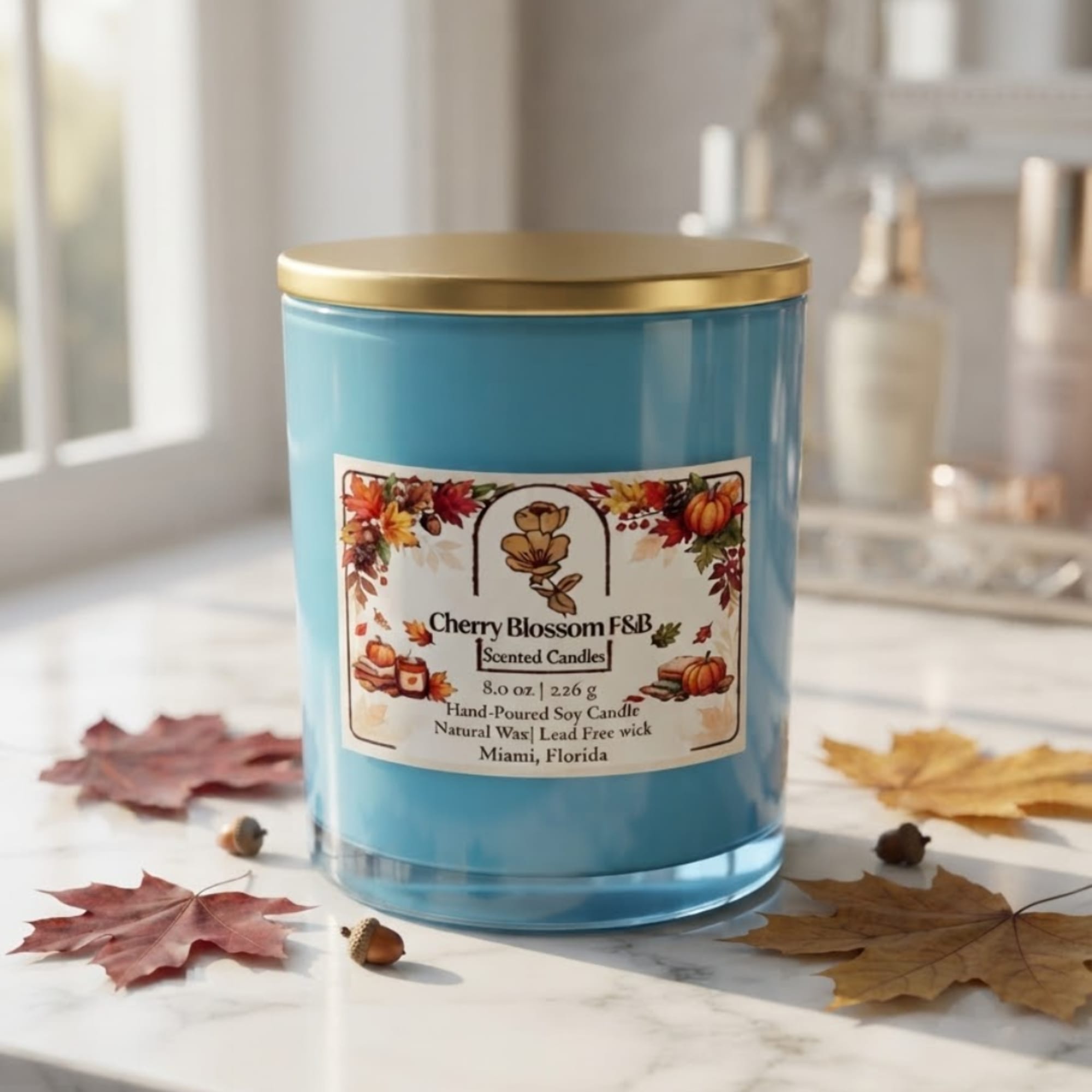 Blue jar candle with a gold lid and autumn-themed label on a table