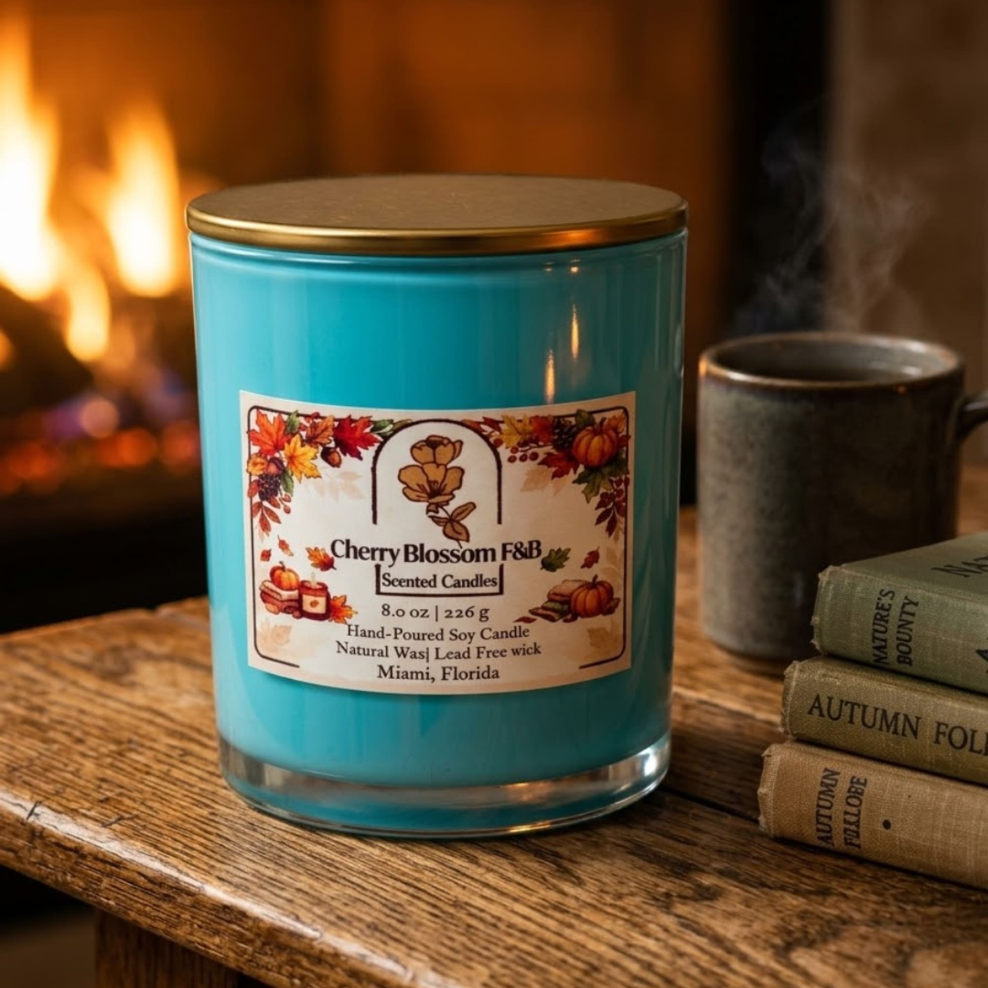 Blue scented candle in a glass jar with a gold lid on a wooden table