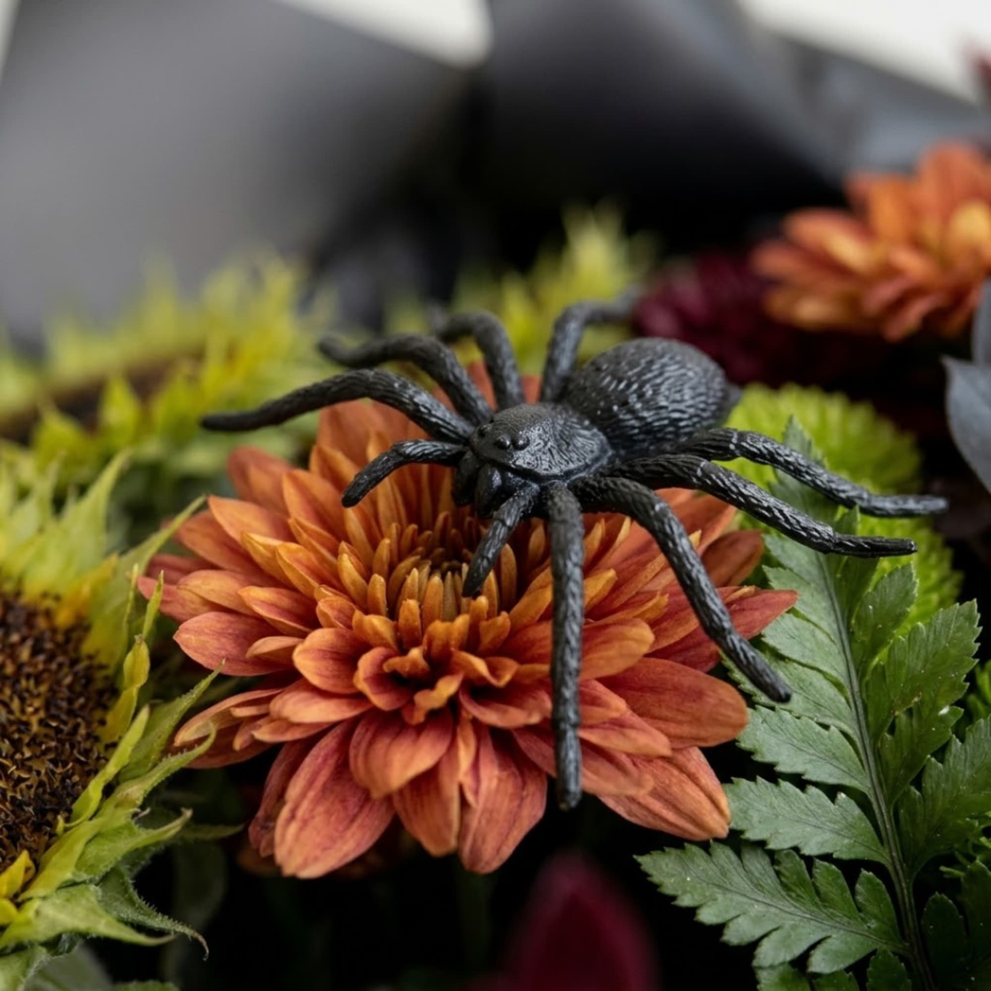 Orange chrysanthemum with a black spider decoration