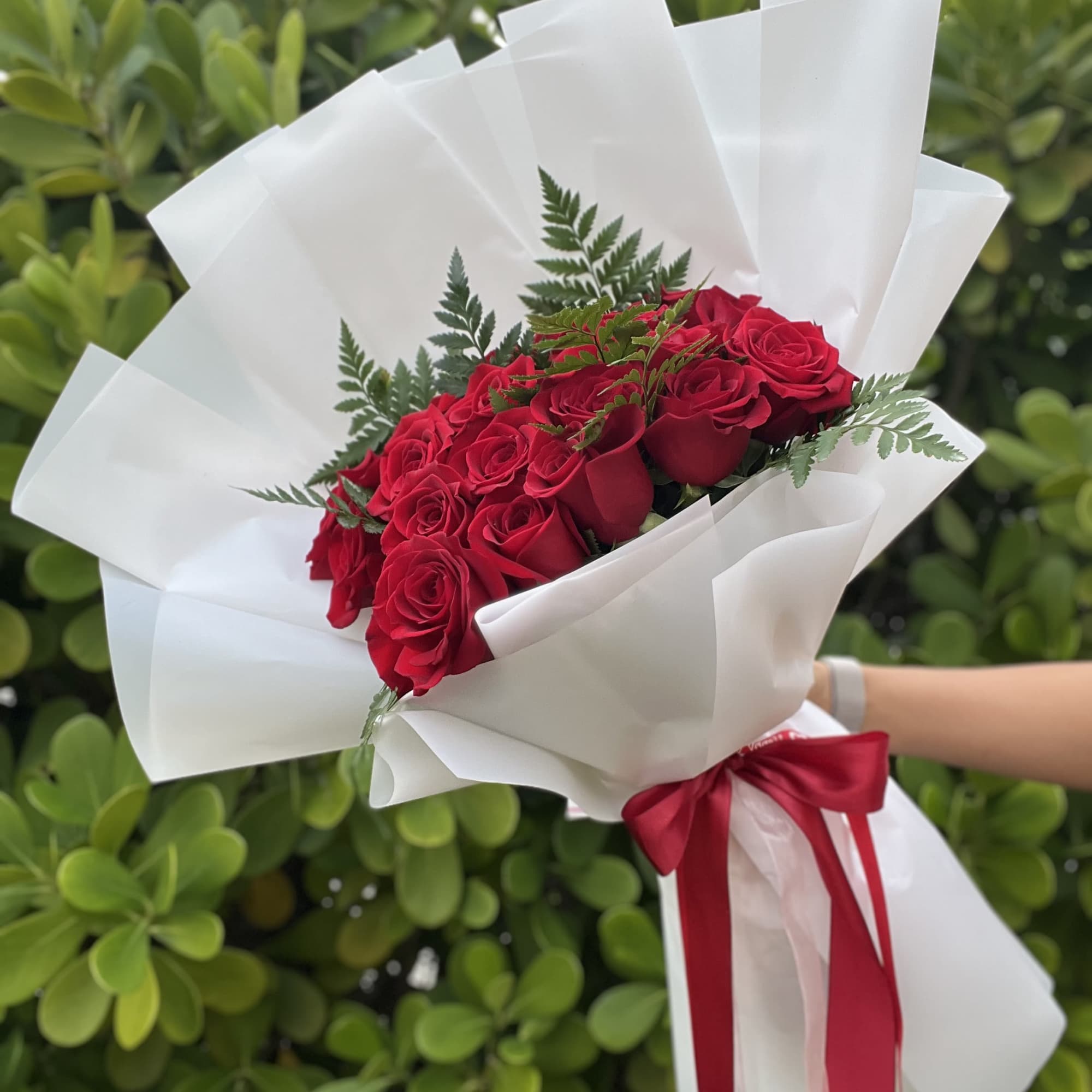 Bouquet of red roses wrapped in white paper with a red ribbon, photo 4 of 4