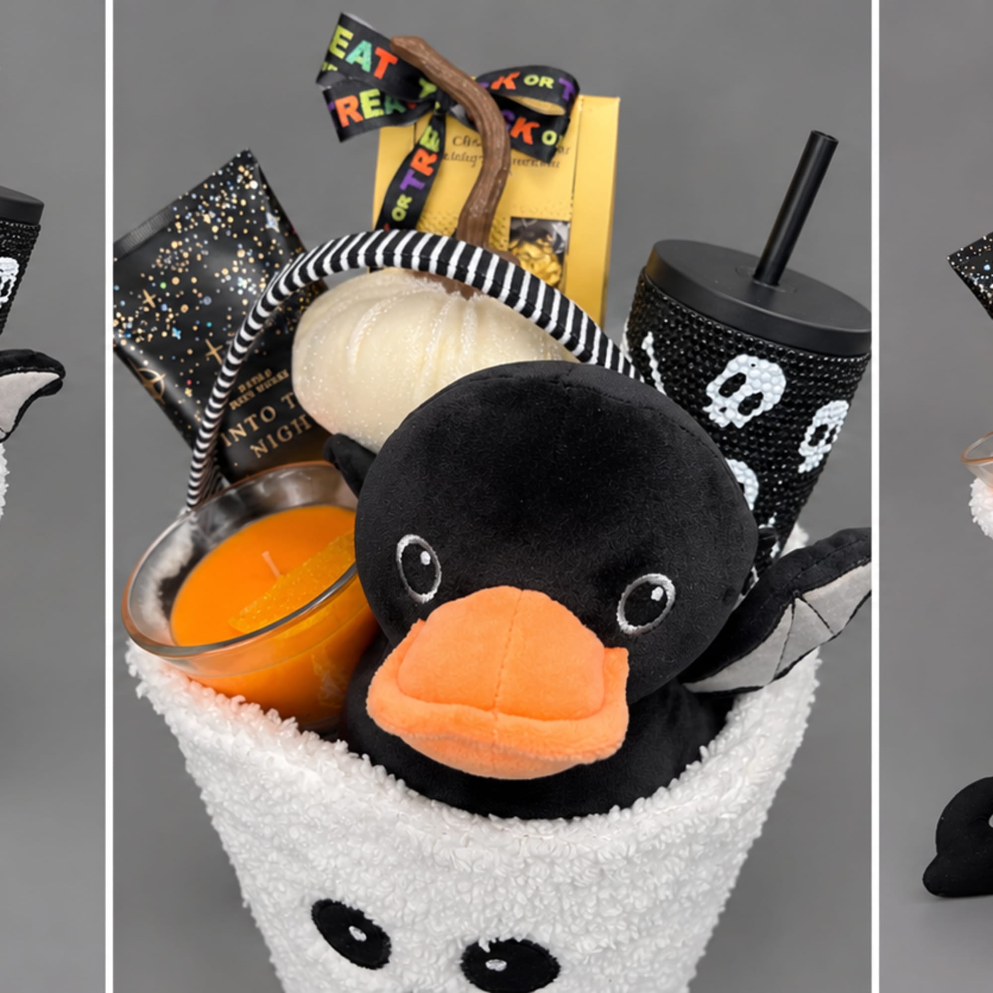 Halloween gift basket with a plush duck, candle, cup, and candy