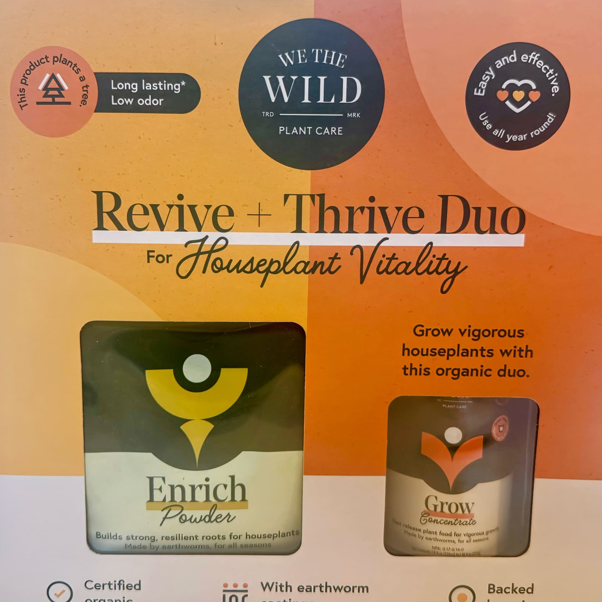 Houseplant care product packaging with two plant food packets