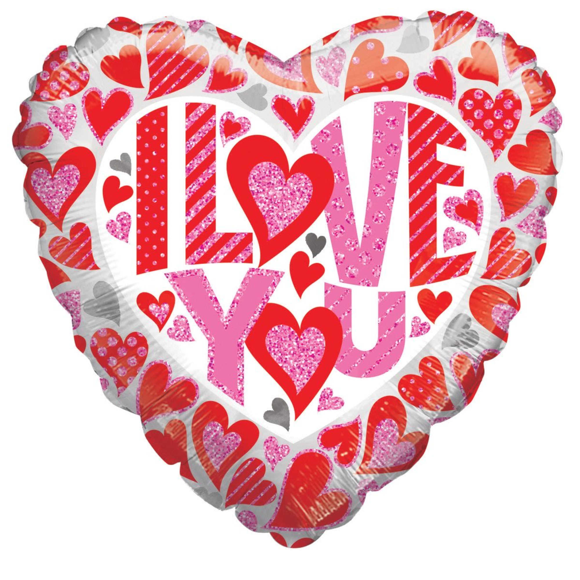 Heart-shaped balloon with "I LOVE YOU" and red-pink heart patterns