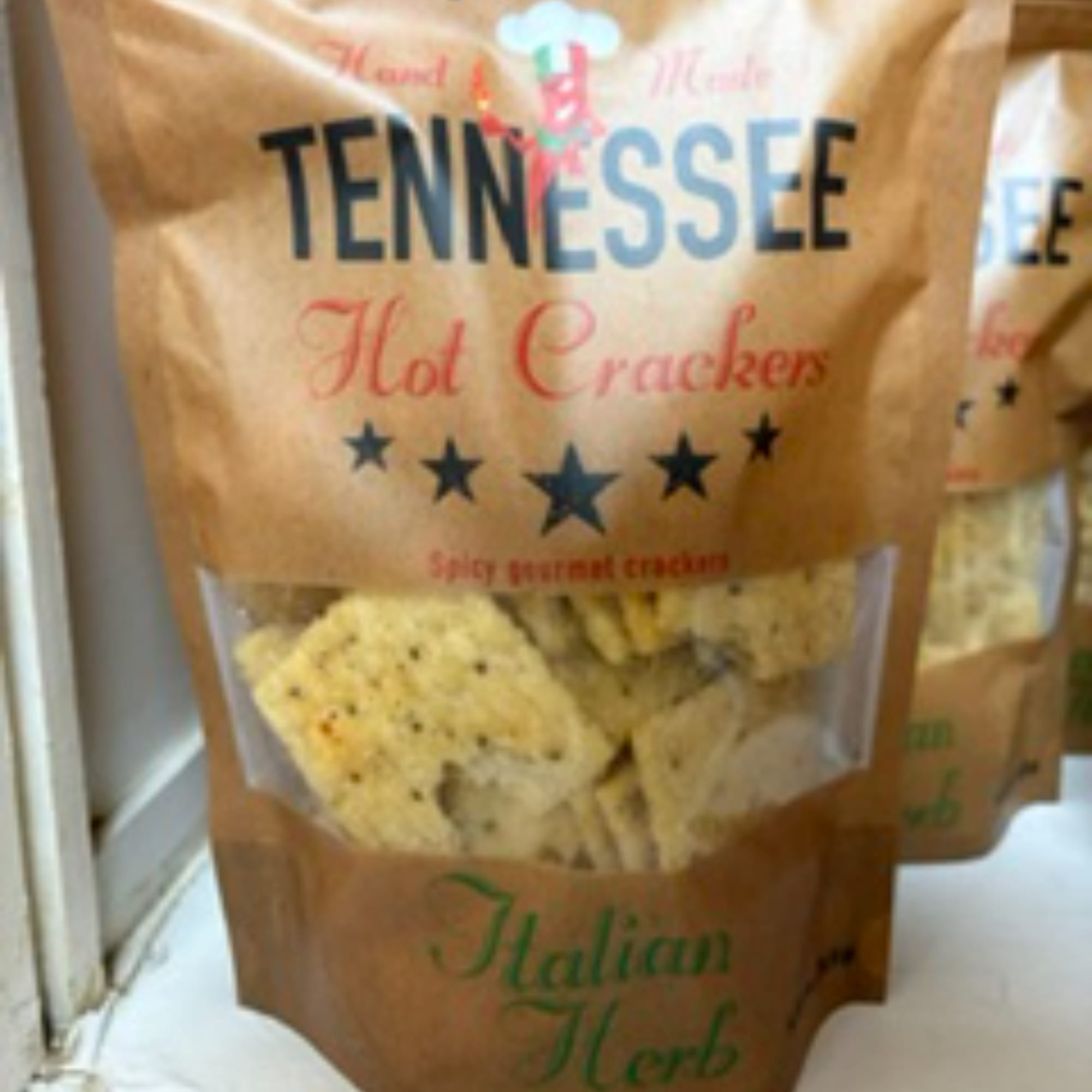 Bag of Tennessee hot crackers with Italian herb flavor visible