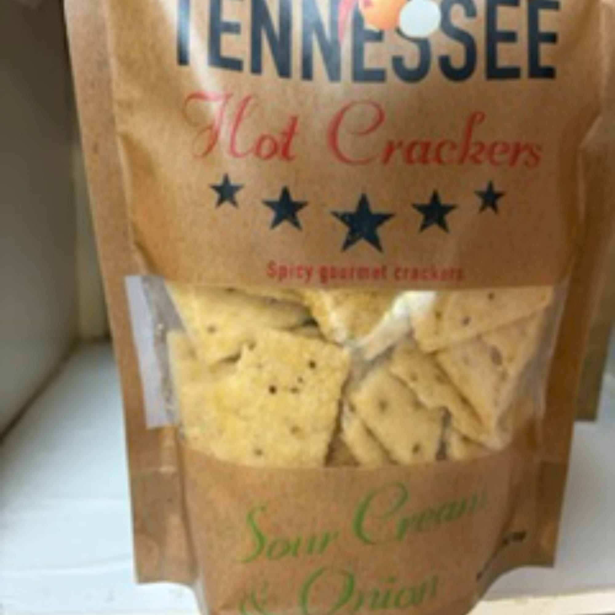 Bag of Tennessee hot crackers on a shelf