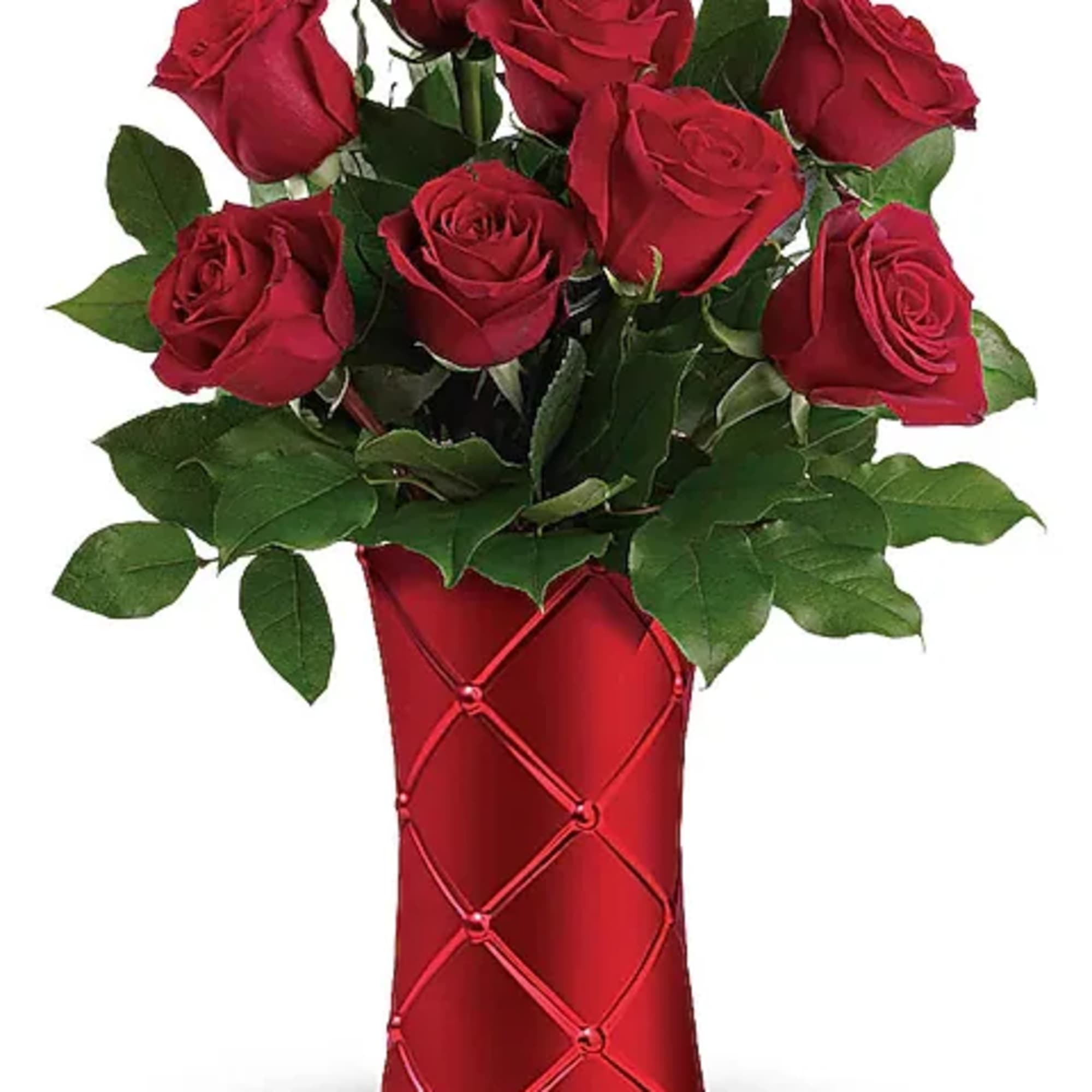 Red roses in a red vase with green leaves
