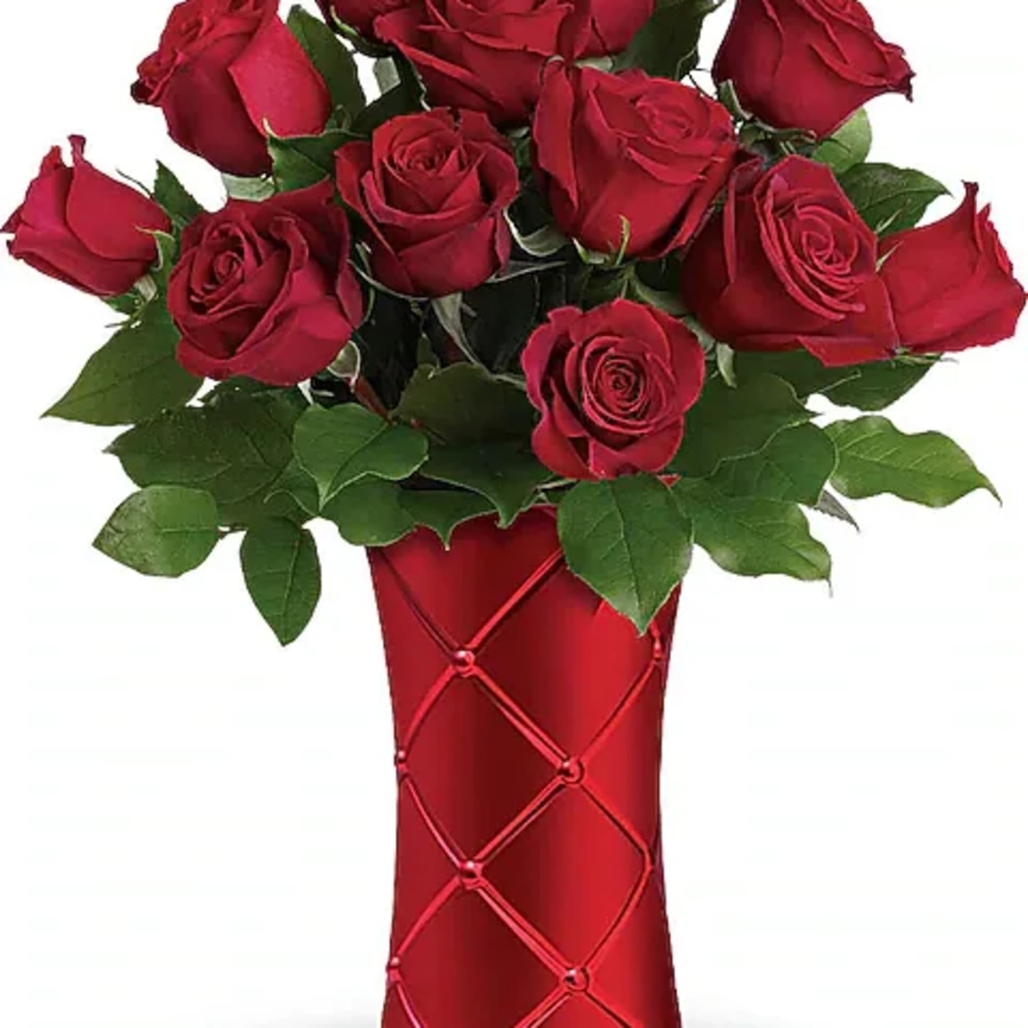Red roses arranged in a red vase