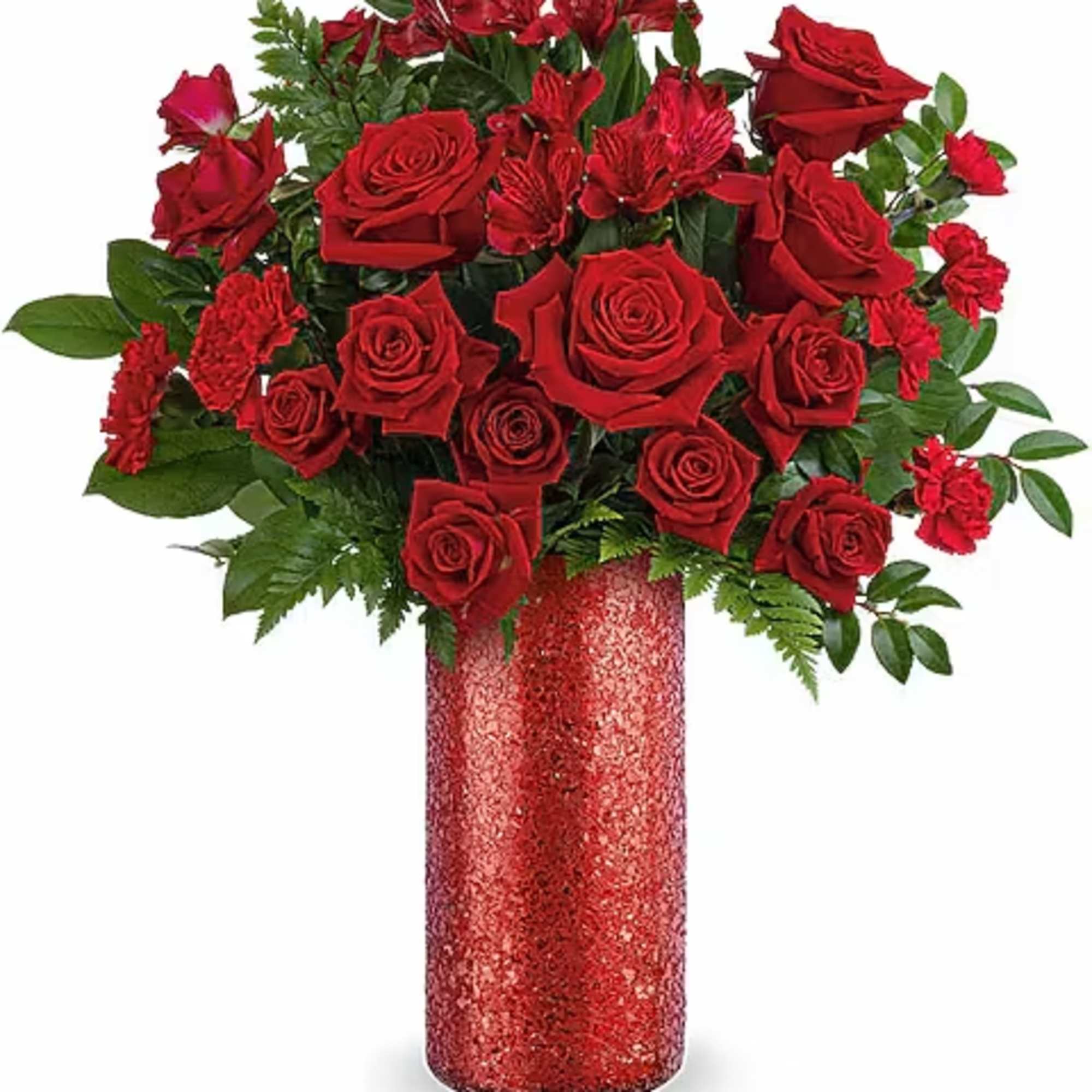 Red roses in a glittery red vase