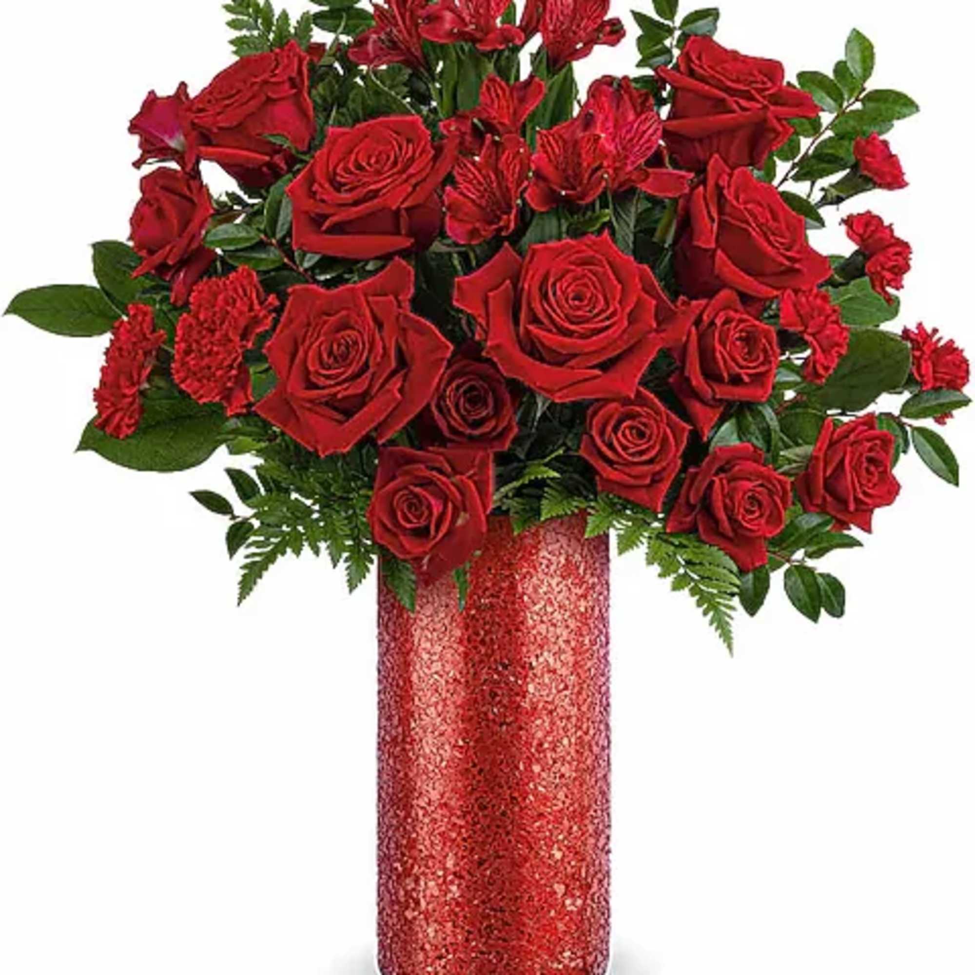 Red roses and red alstroemeria in a glittery red vase
