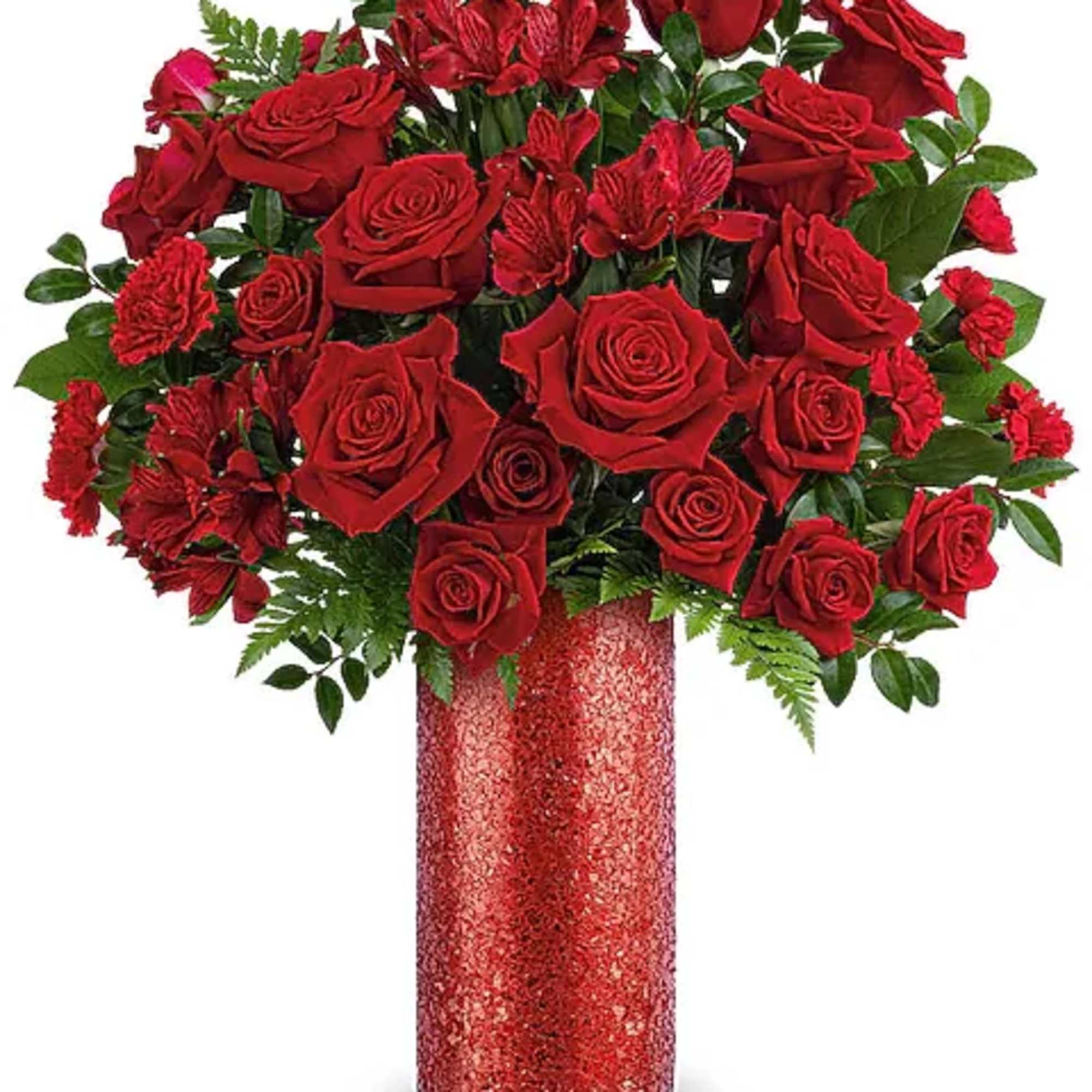 Red roses and carnations in a glittery red vase
