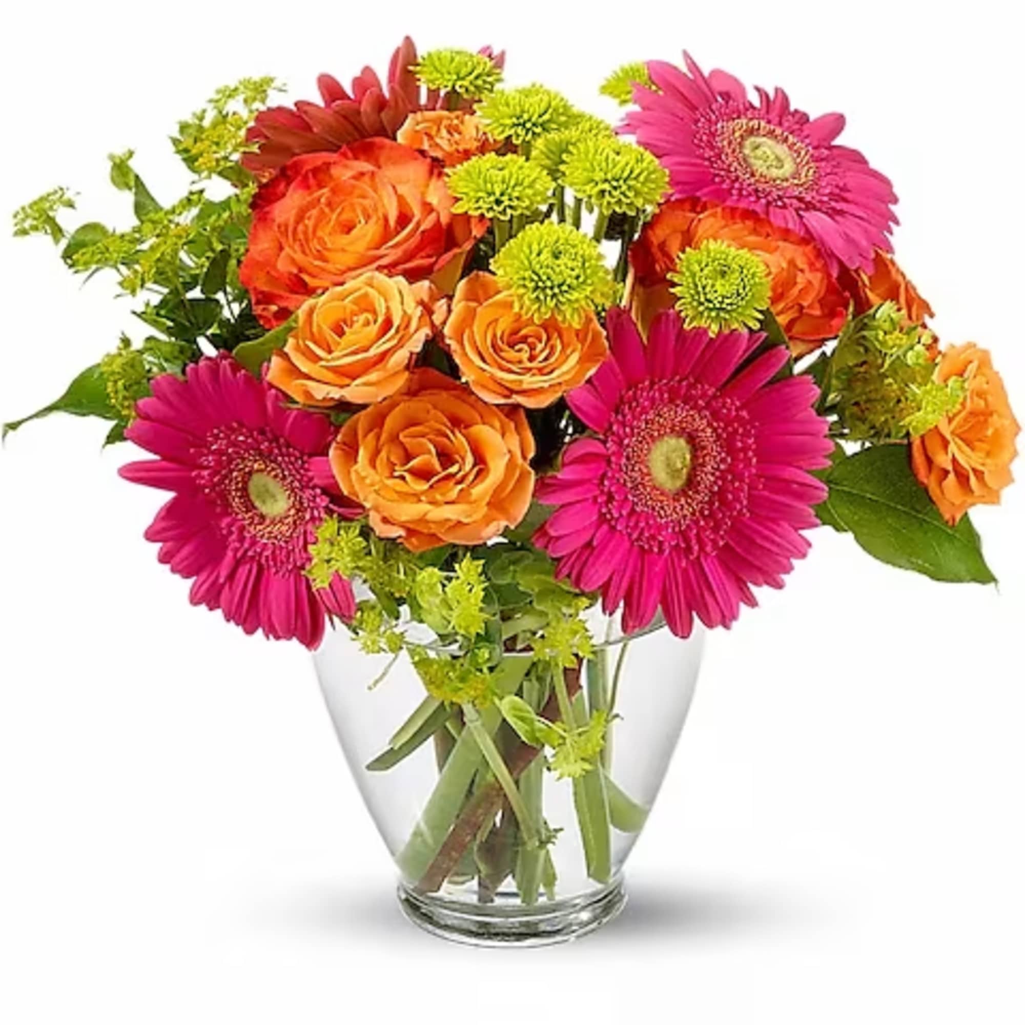Bouquet of orange roses and pink gerbera daisies in a clear glass vase