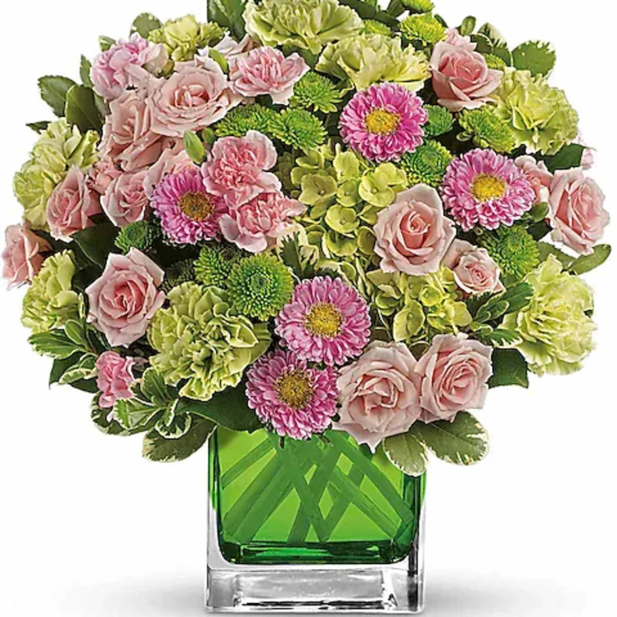 Pink roses and green carnations in a square glass vase