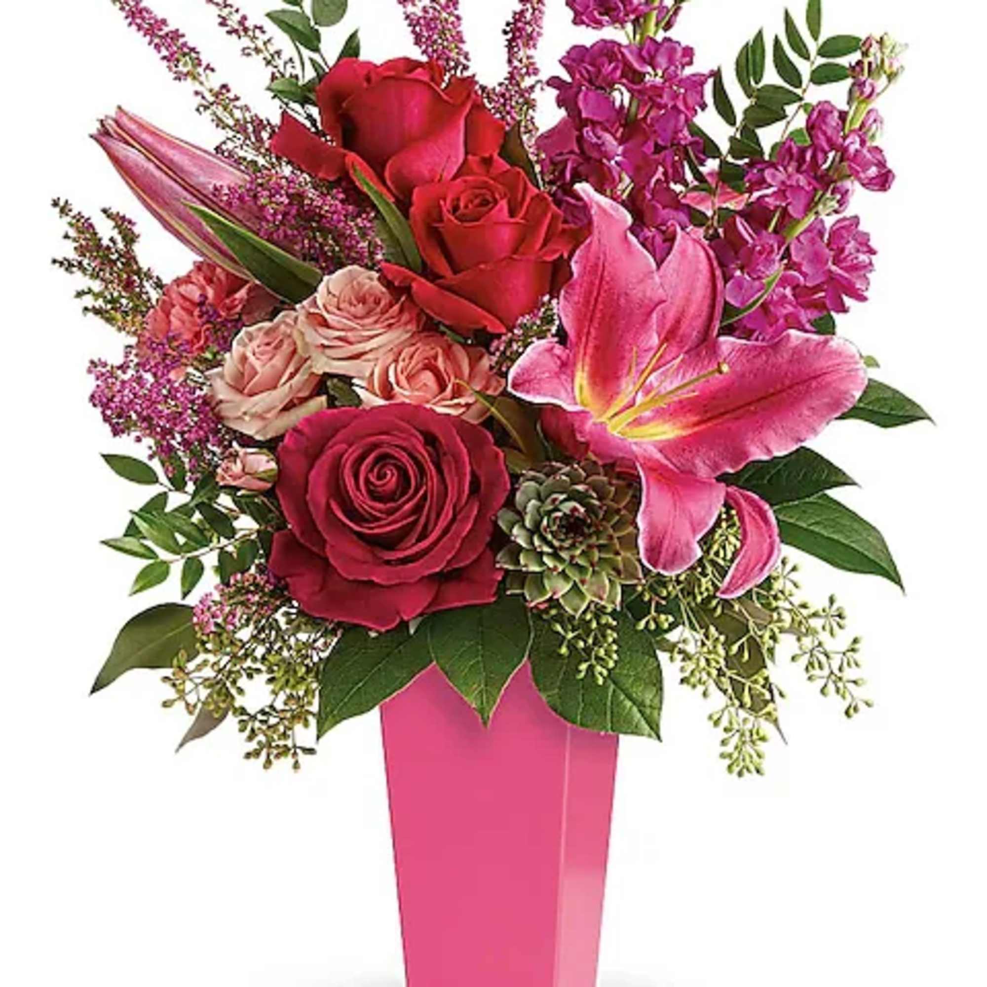 Pink and red rose bouquet in a tall pink vase