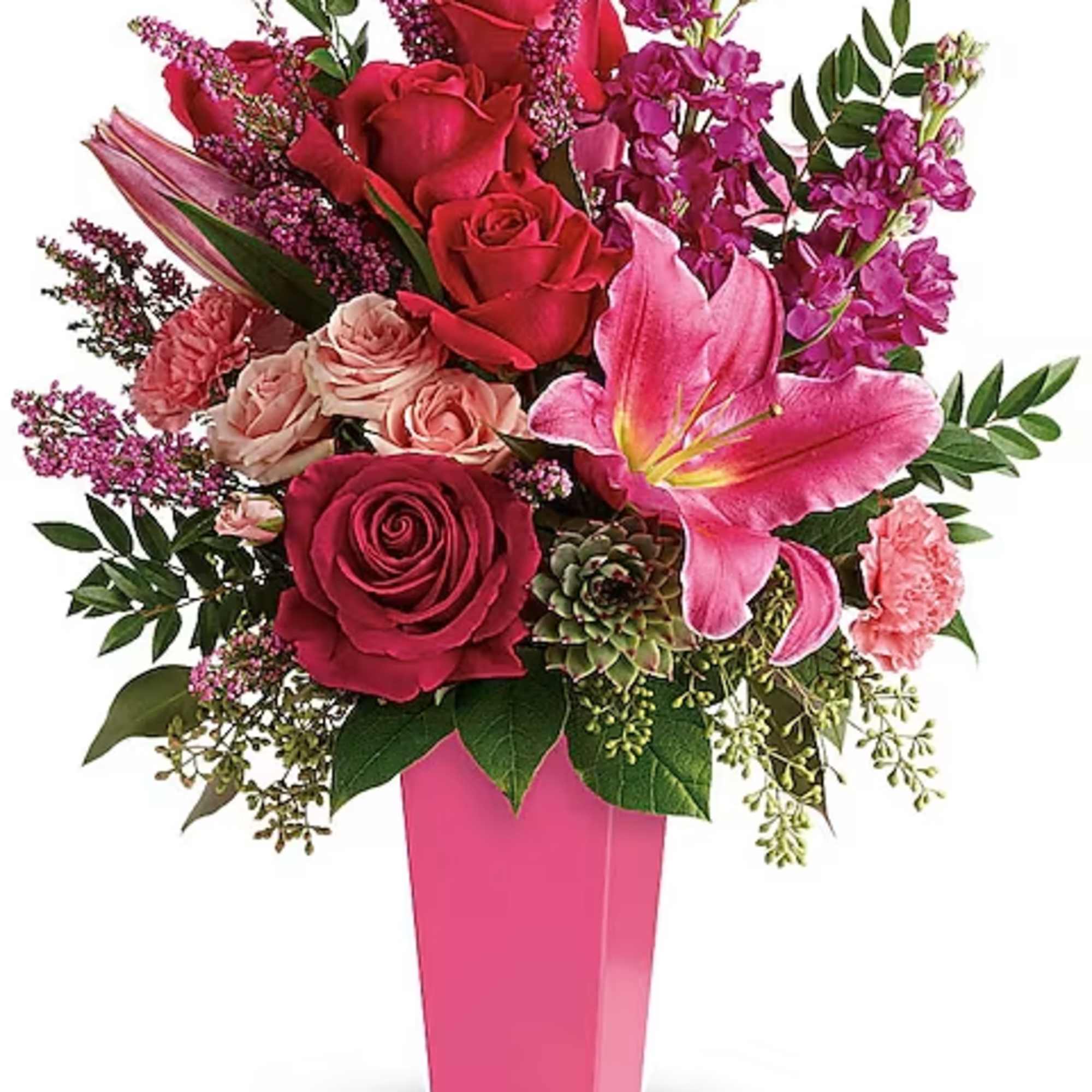 Pink and red bouquet in a tall pink vase