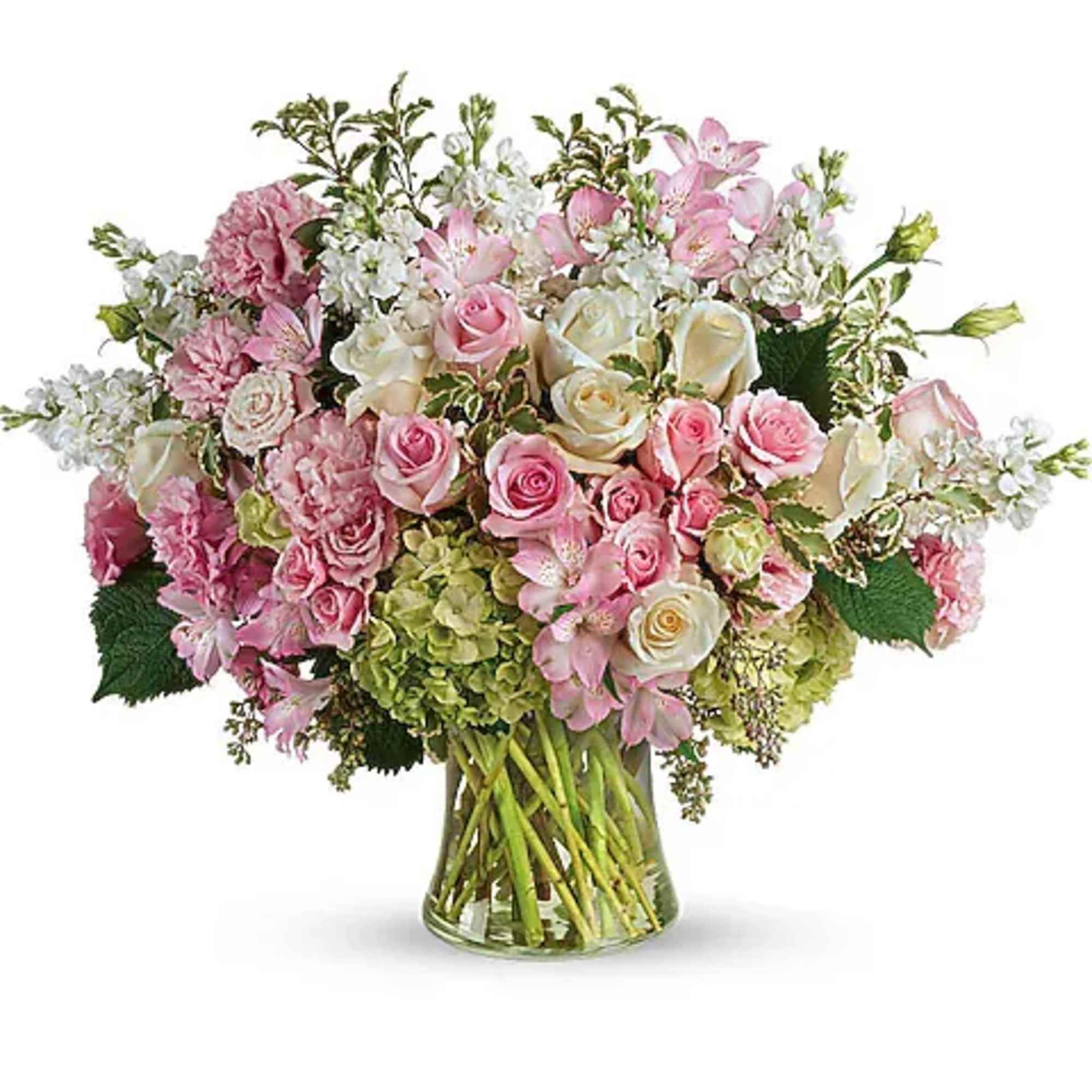 Pink and white rose bouquet in a clear glass vase