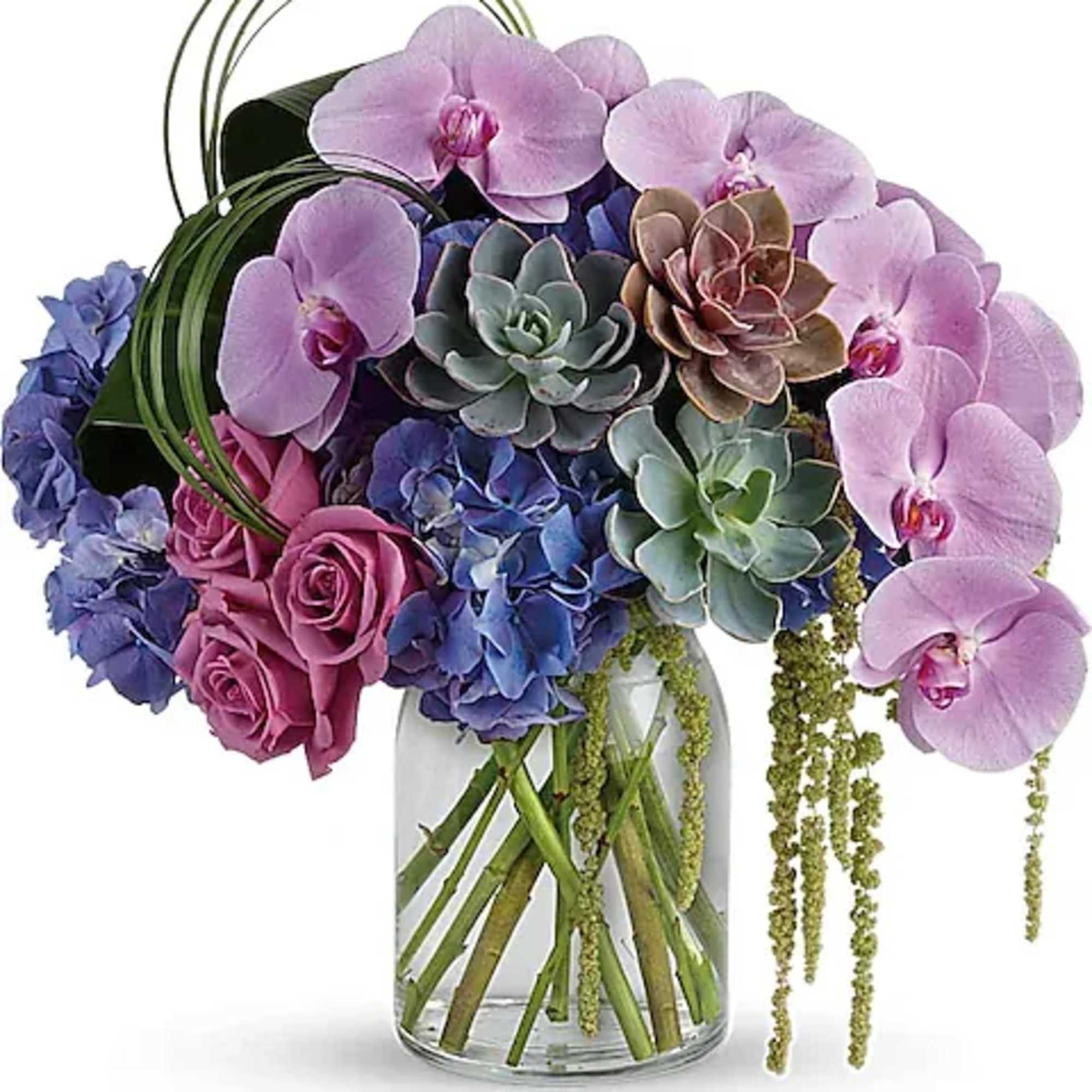 Bouquet of orchids, roses, hydrangeas, and succulents in a glass vase