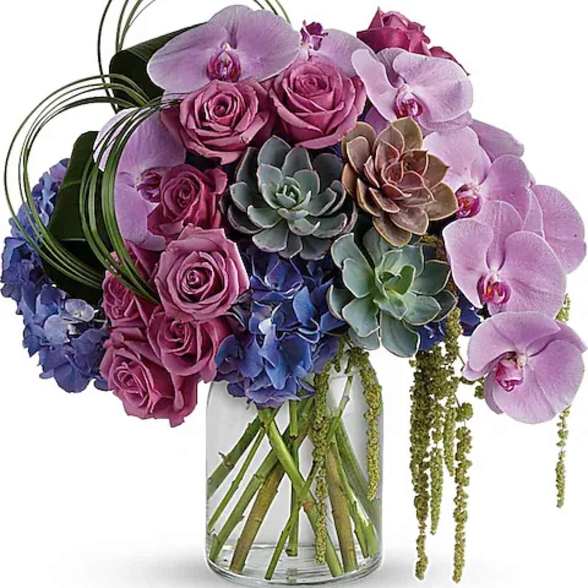Bouquet of pink roses, purple orchids, and succulents in a glass vase
