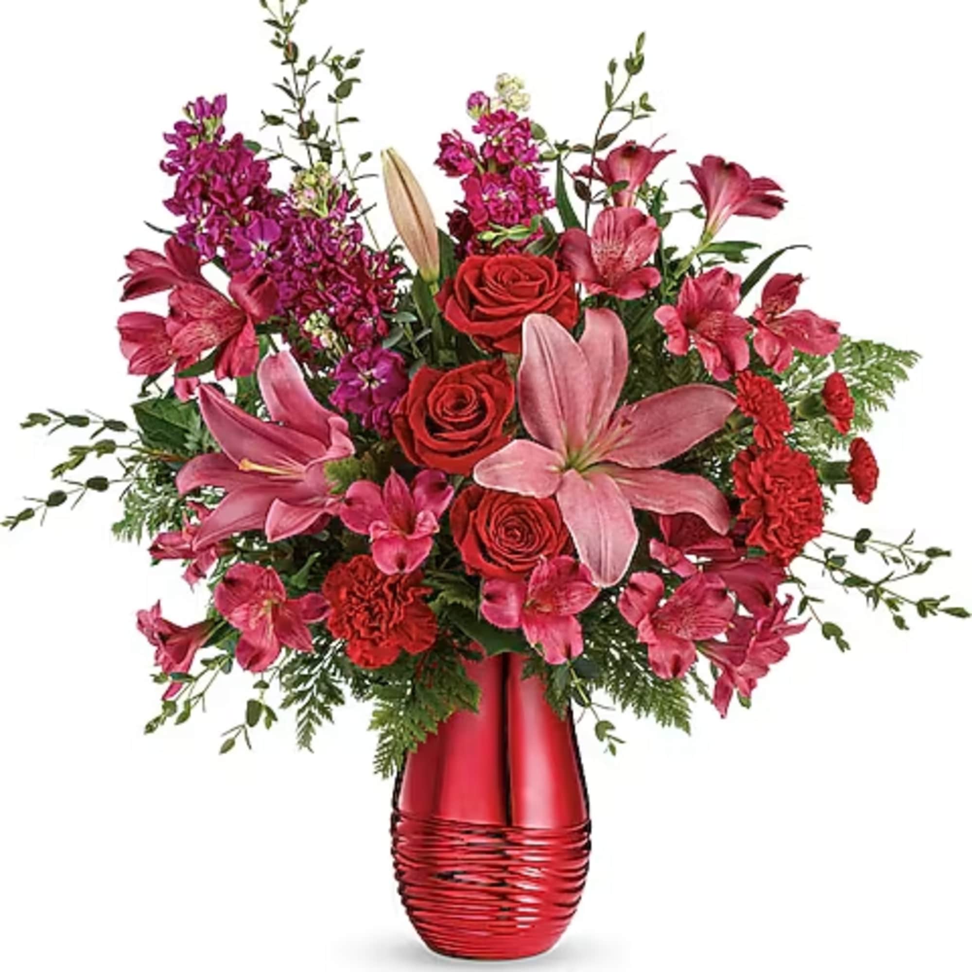 Pink and red floral arrangement in a red vase