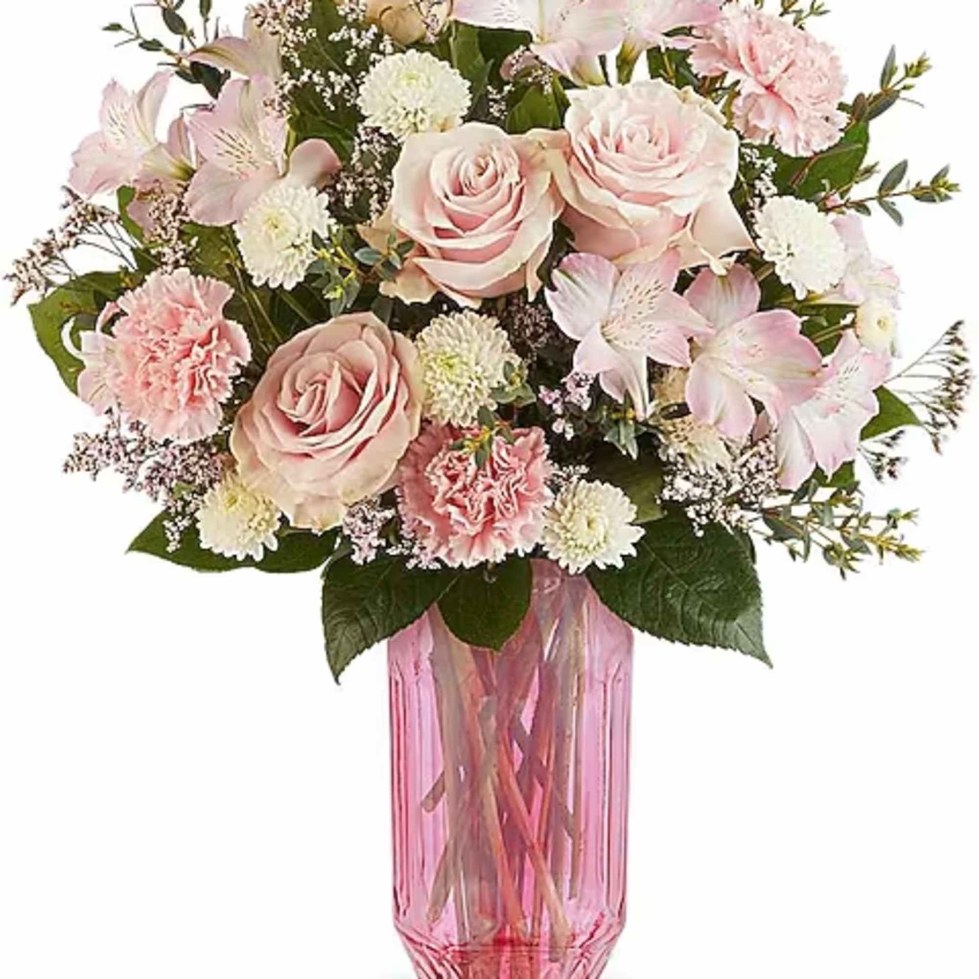 Pink and white bouquet in a tall pink glass vase