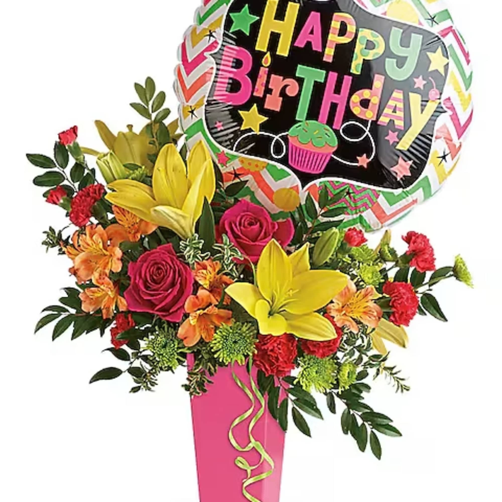 Birthday bouquet with roses, lilies, and a balloon in a pink vase