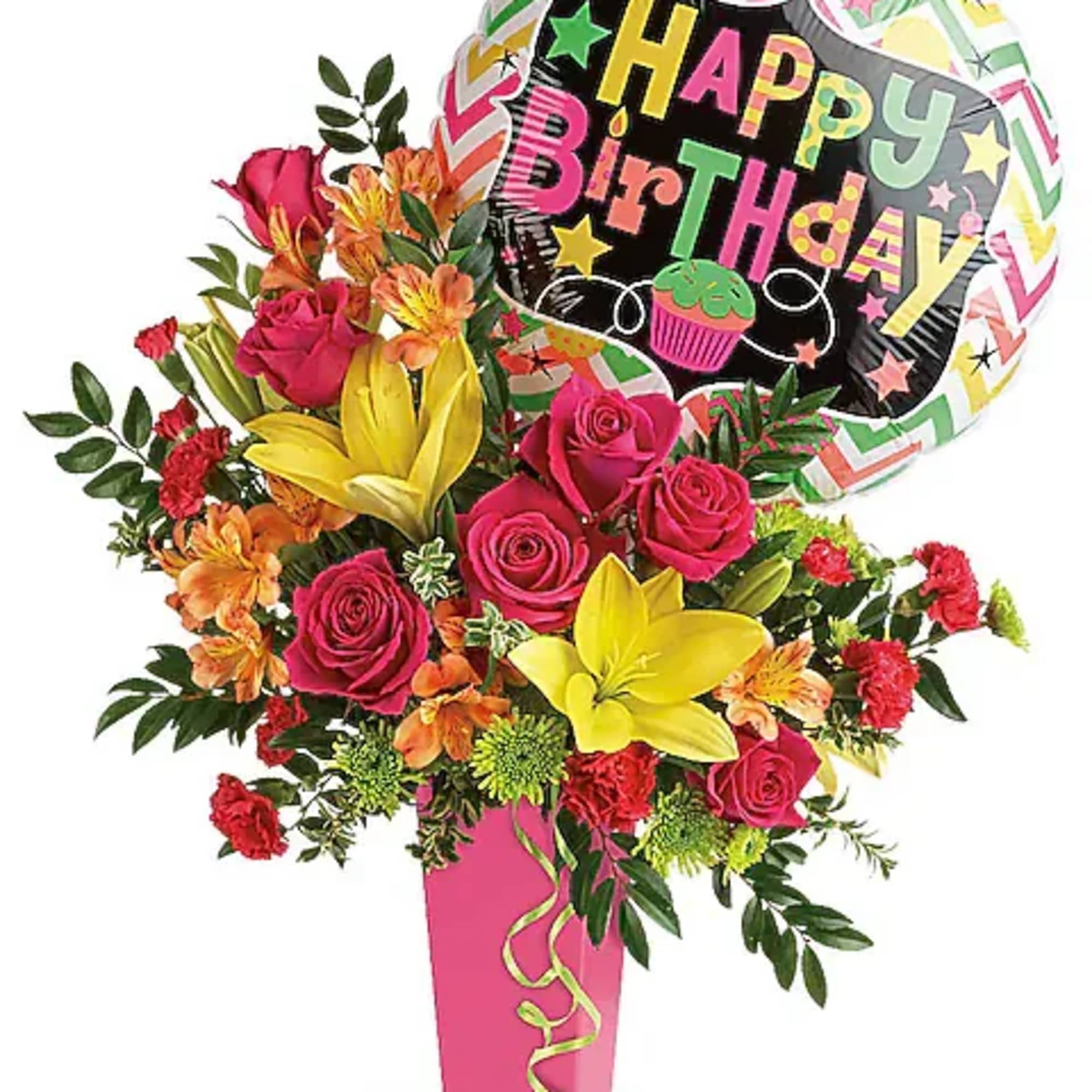 Birthday bouquet with roses, lilies, and a Happy Birthday balloon