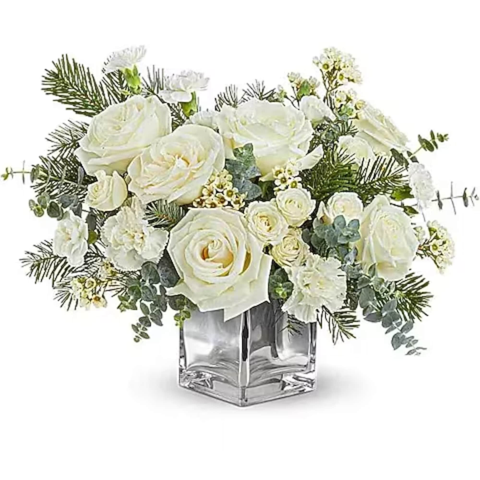 White rose bouquet in a clear square glass vase