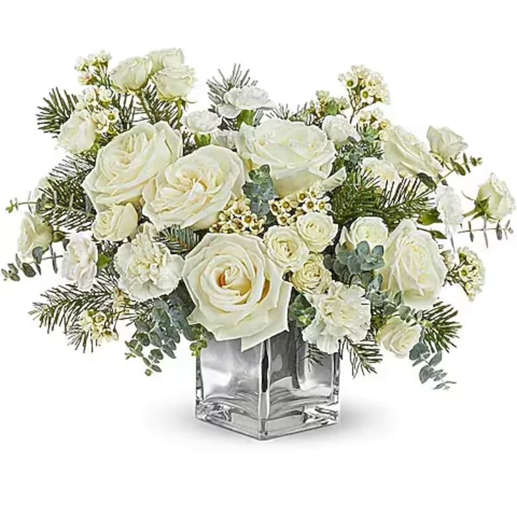 Arctic Blooms Bouquet glows with white roses, winter greens, and frosty details