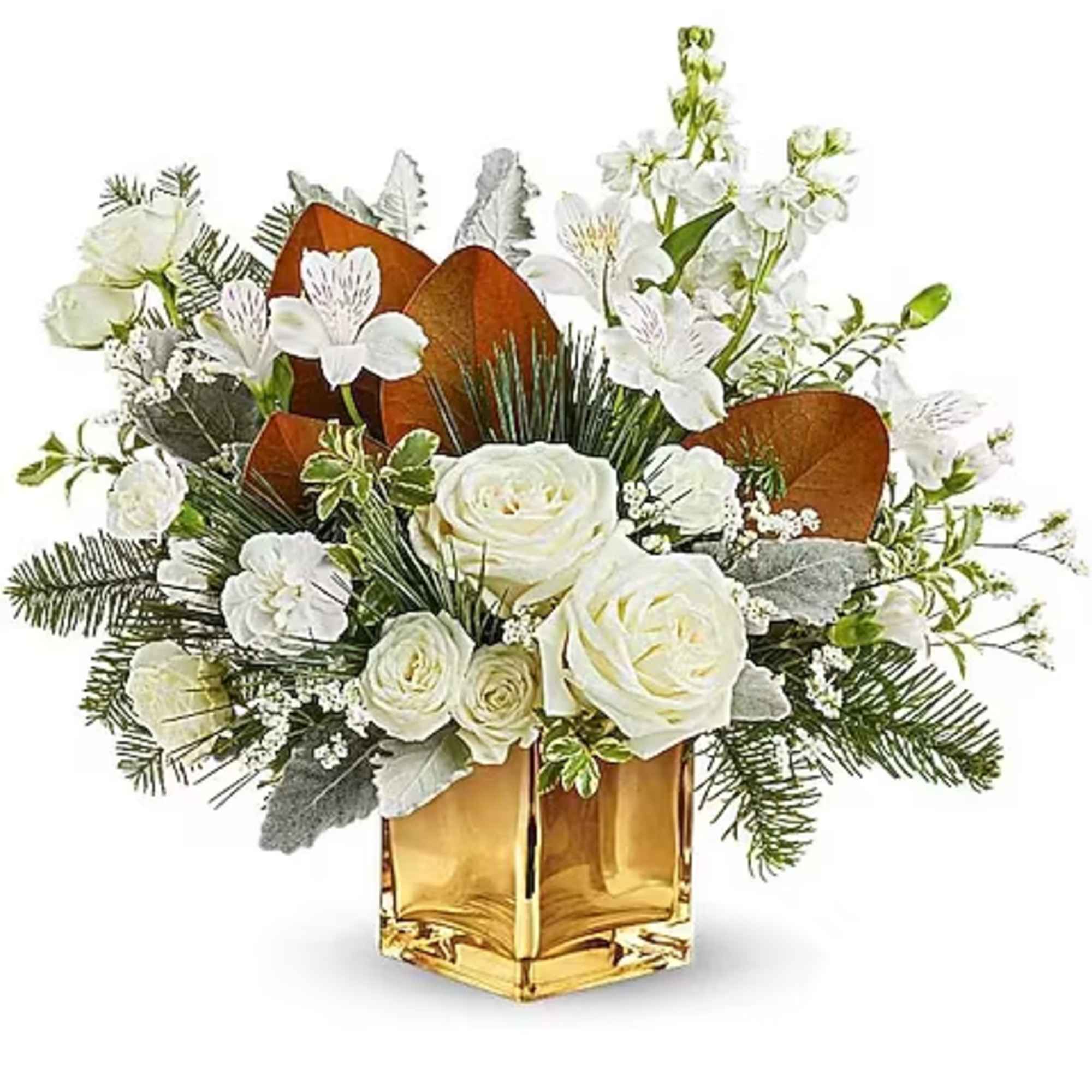 White roses and white blooms arranged in a gold vase