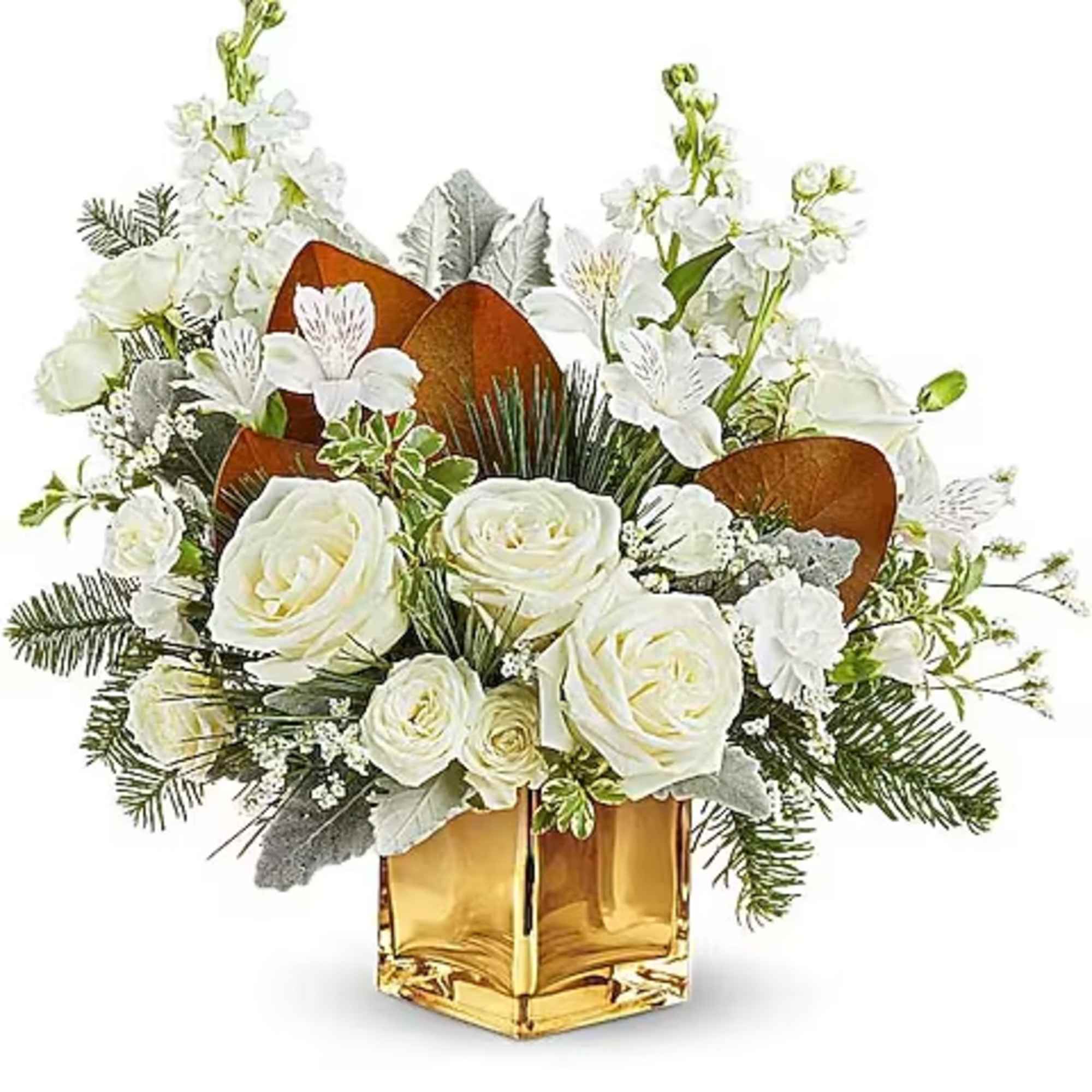 White roses and white blooms arranged in a gold vase