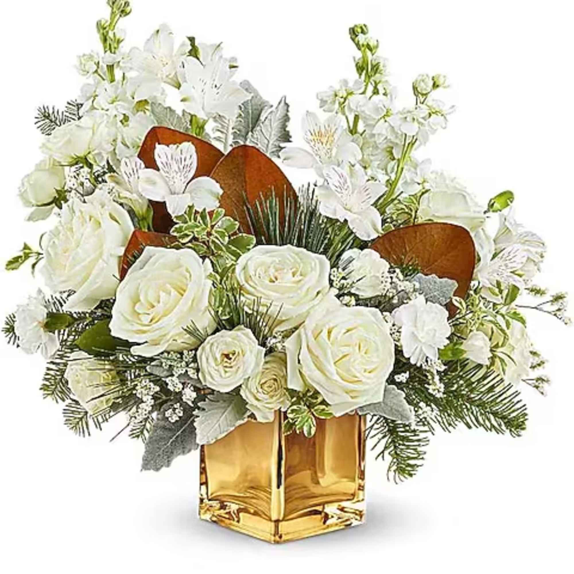 White roses and lilies in a gold square vase