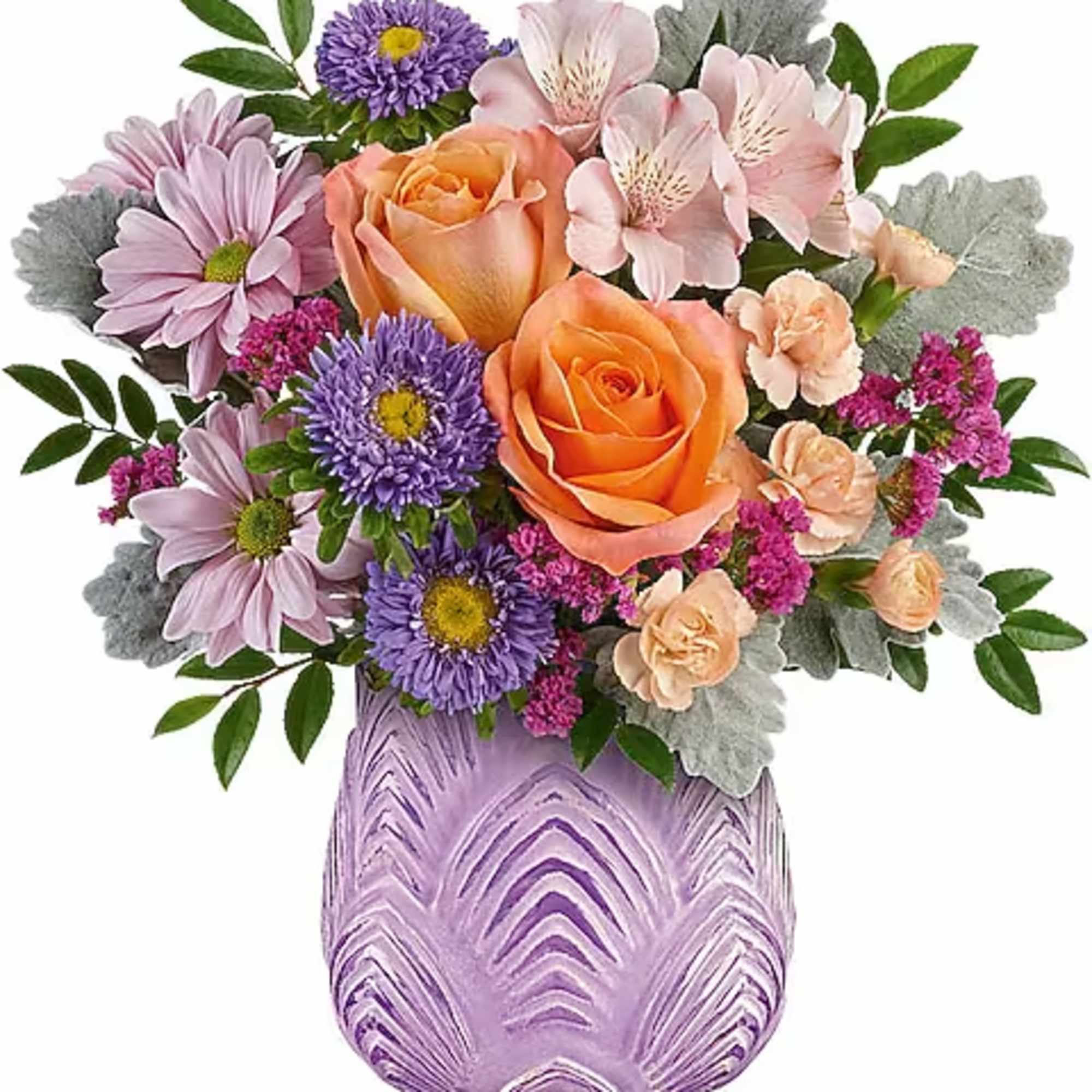 Bouquet of orange roses and purple daisies in a lavender vase