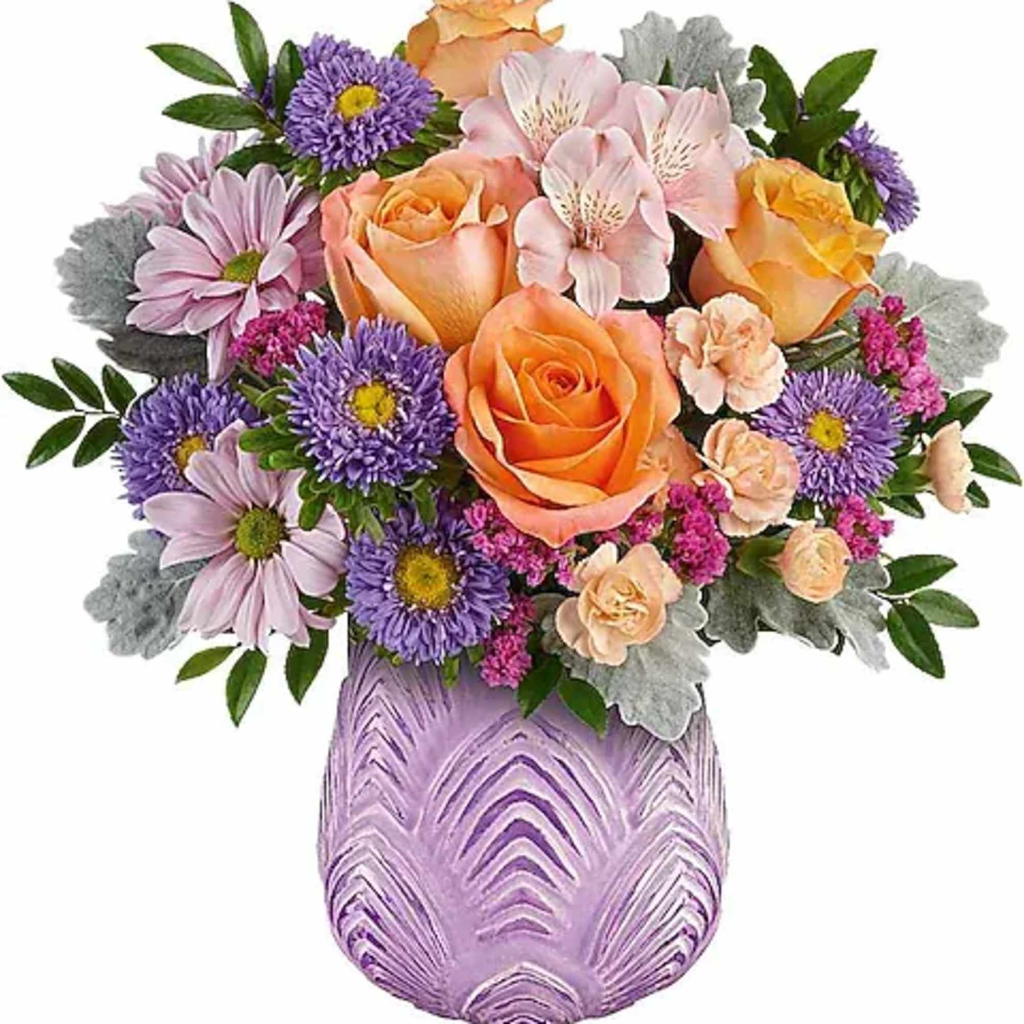 Bouquet of peach roses, pink alstroemeria, and purple daisies in a lavender vase