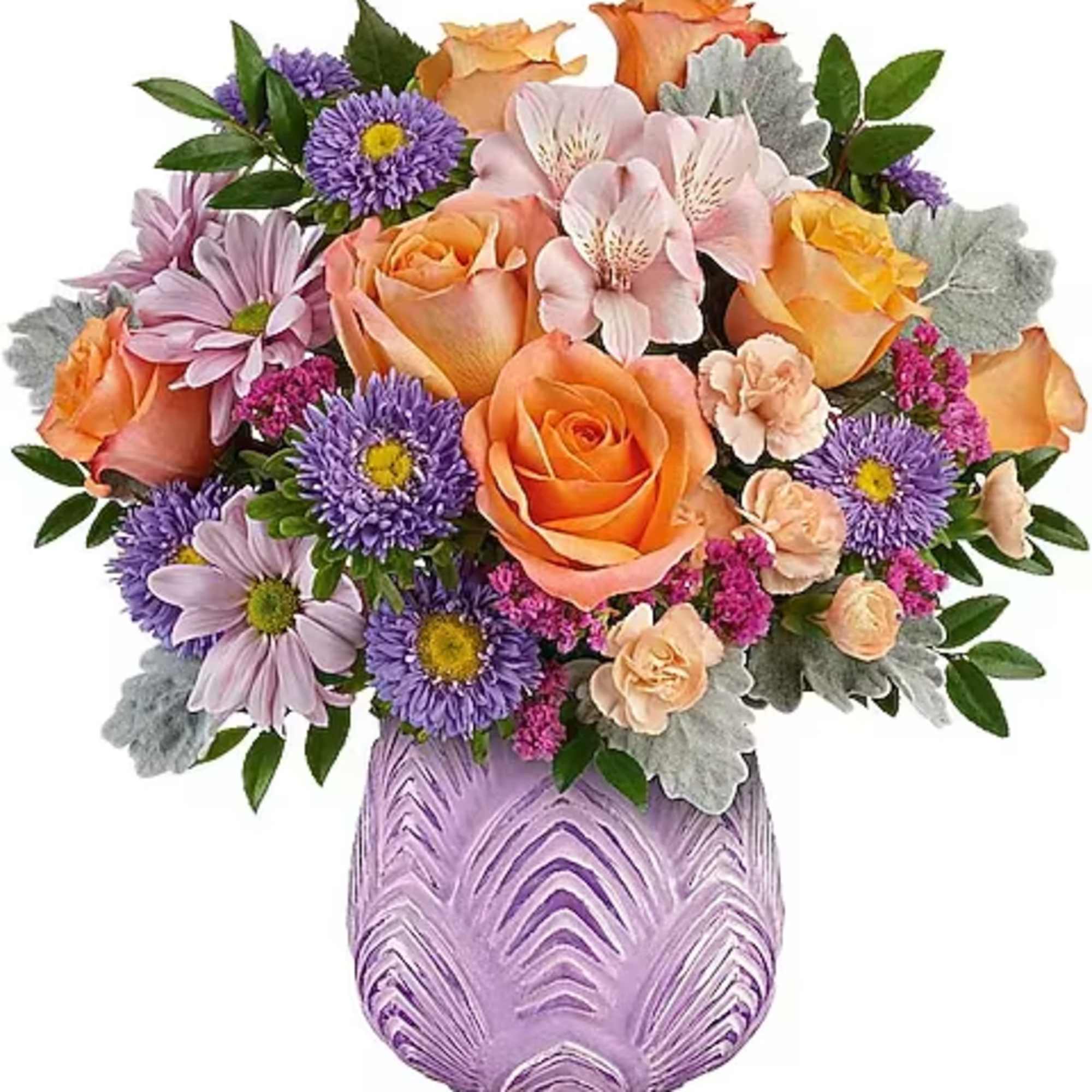Bouquet of orange roses and purple daisies in a lavender vase