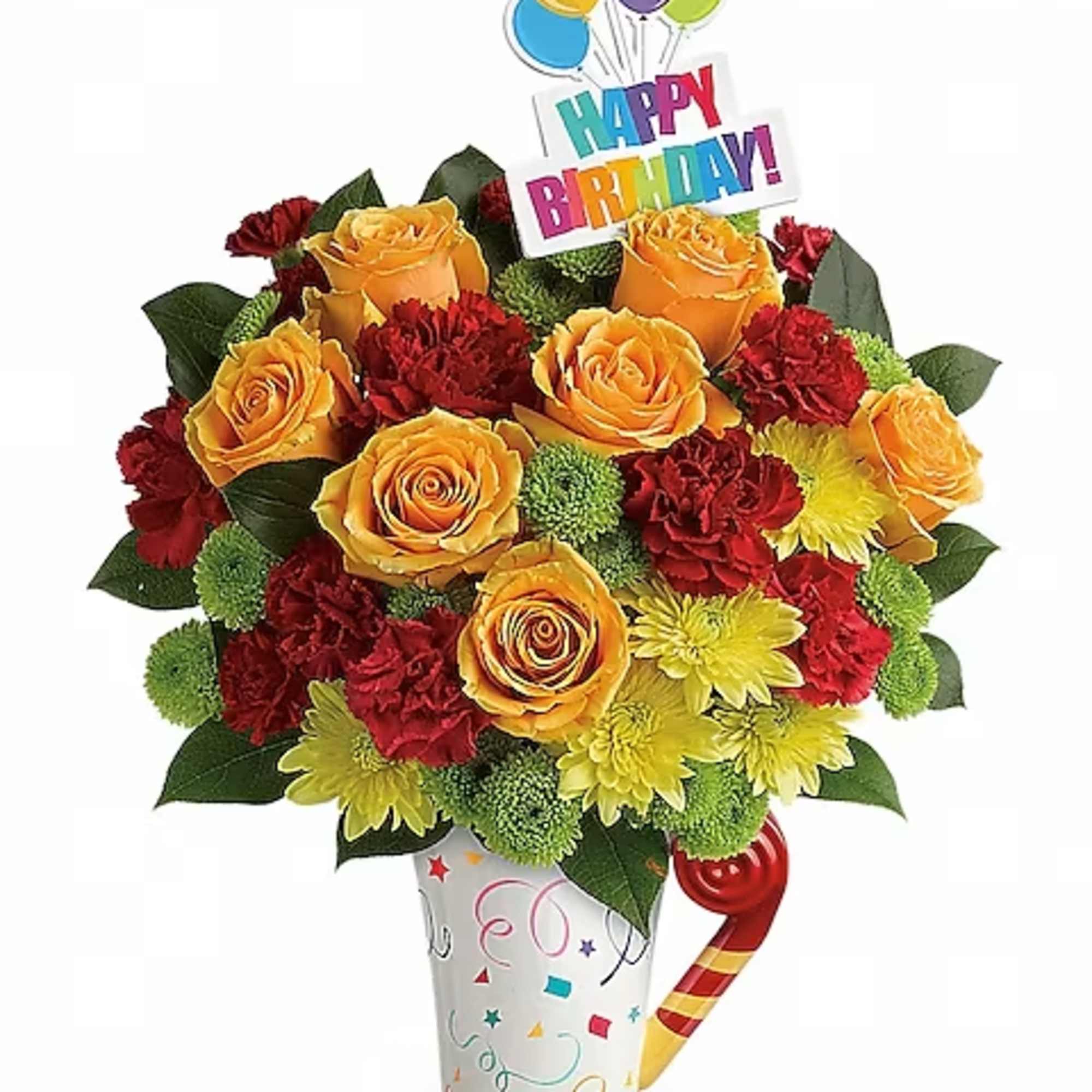 Birthday bouquet with roses, carnations, and balloons in a decorated vase