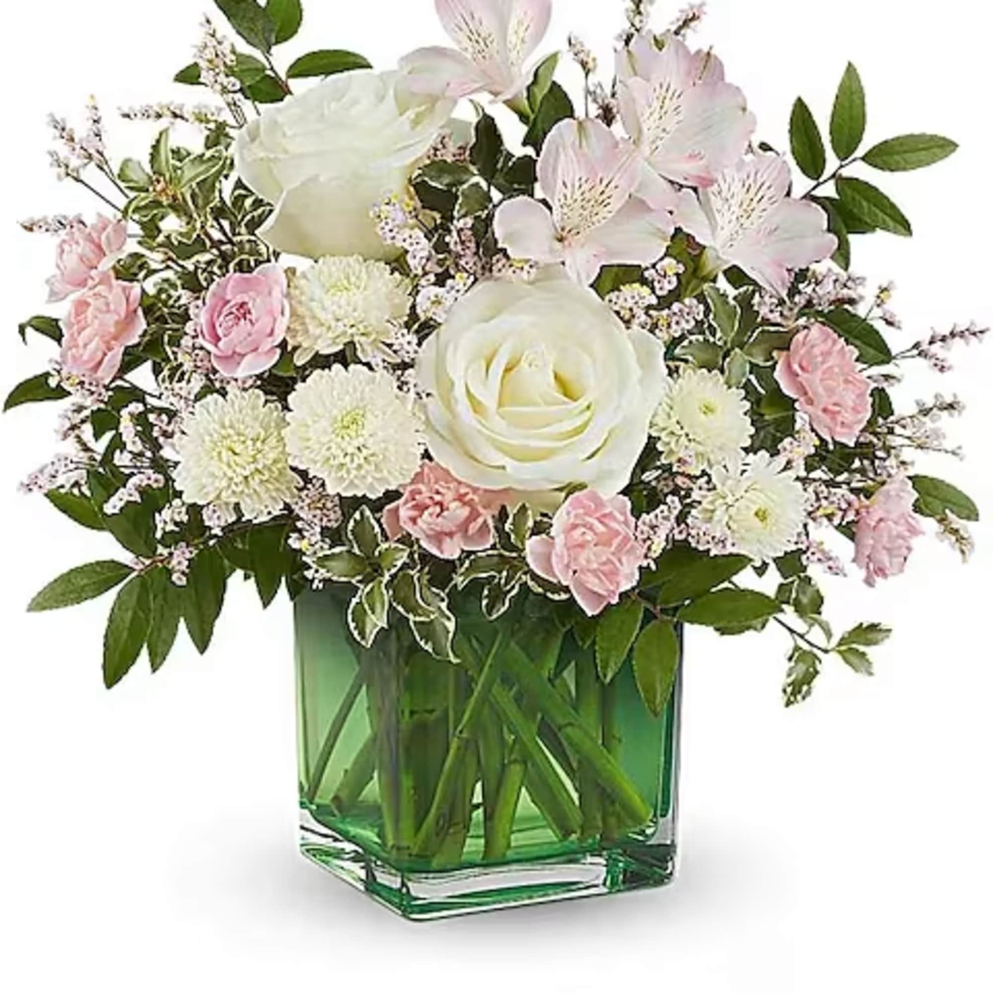 Soft and elegant, this lovely rose bouquet features gentle pops of pink