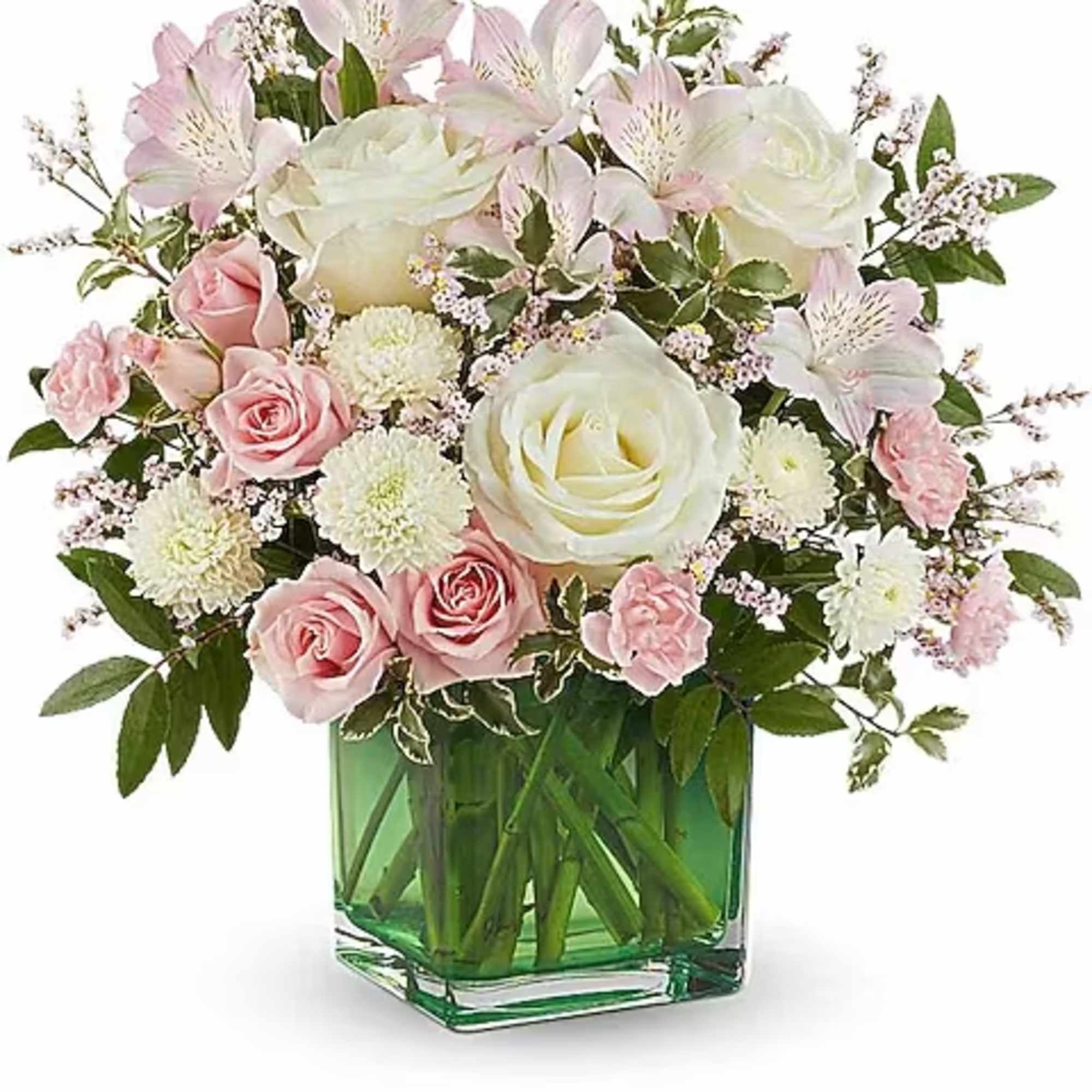 Soft and elegant, this lovely rose bouquet features gentle pops of pink
