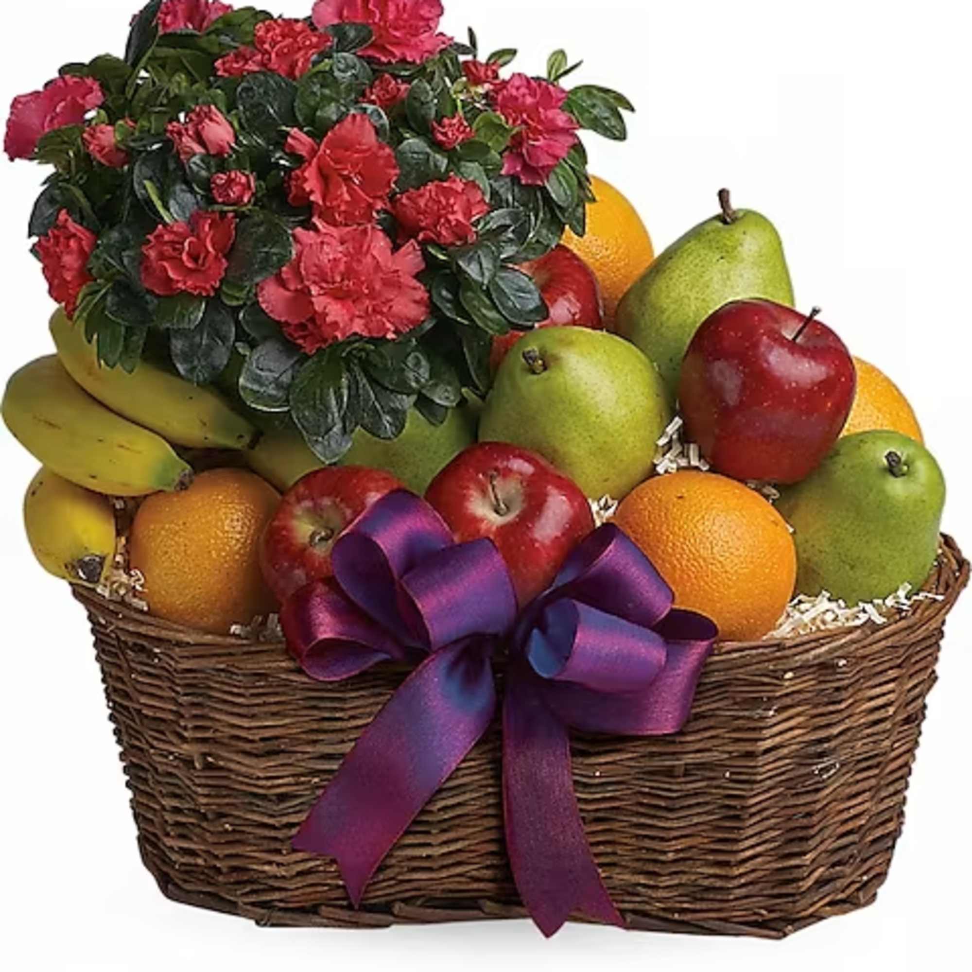 Fruit basket with red flowers and a purple ribbon