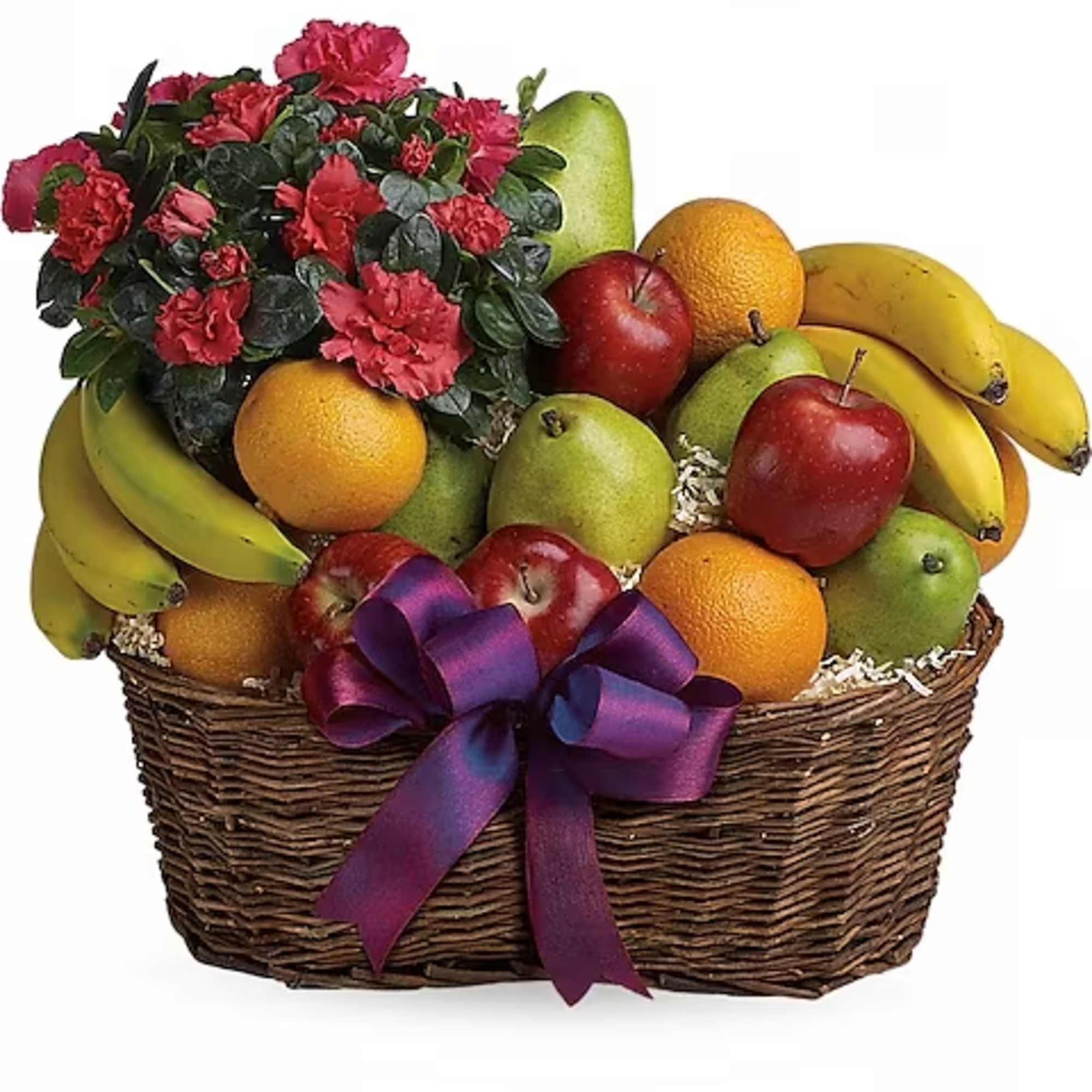Fruit basket with pink carnations and a purple ribbon