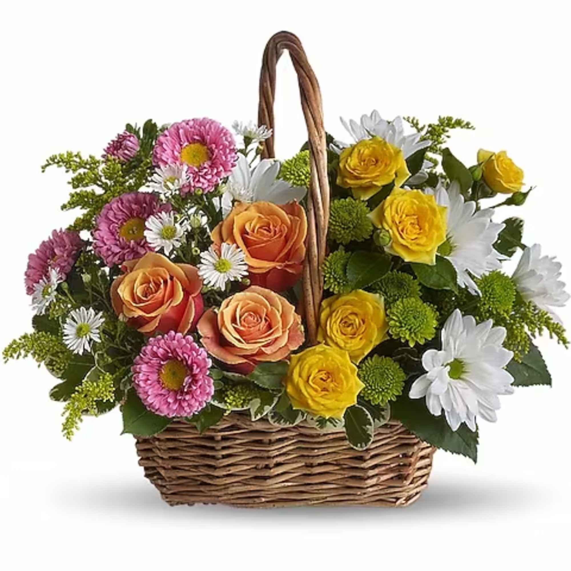 Mixed flower basket with roses, daisies, and chrysanthemums