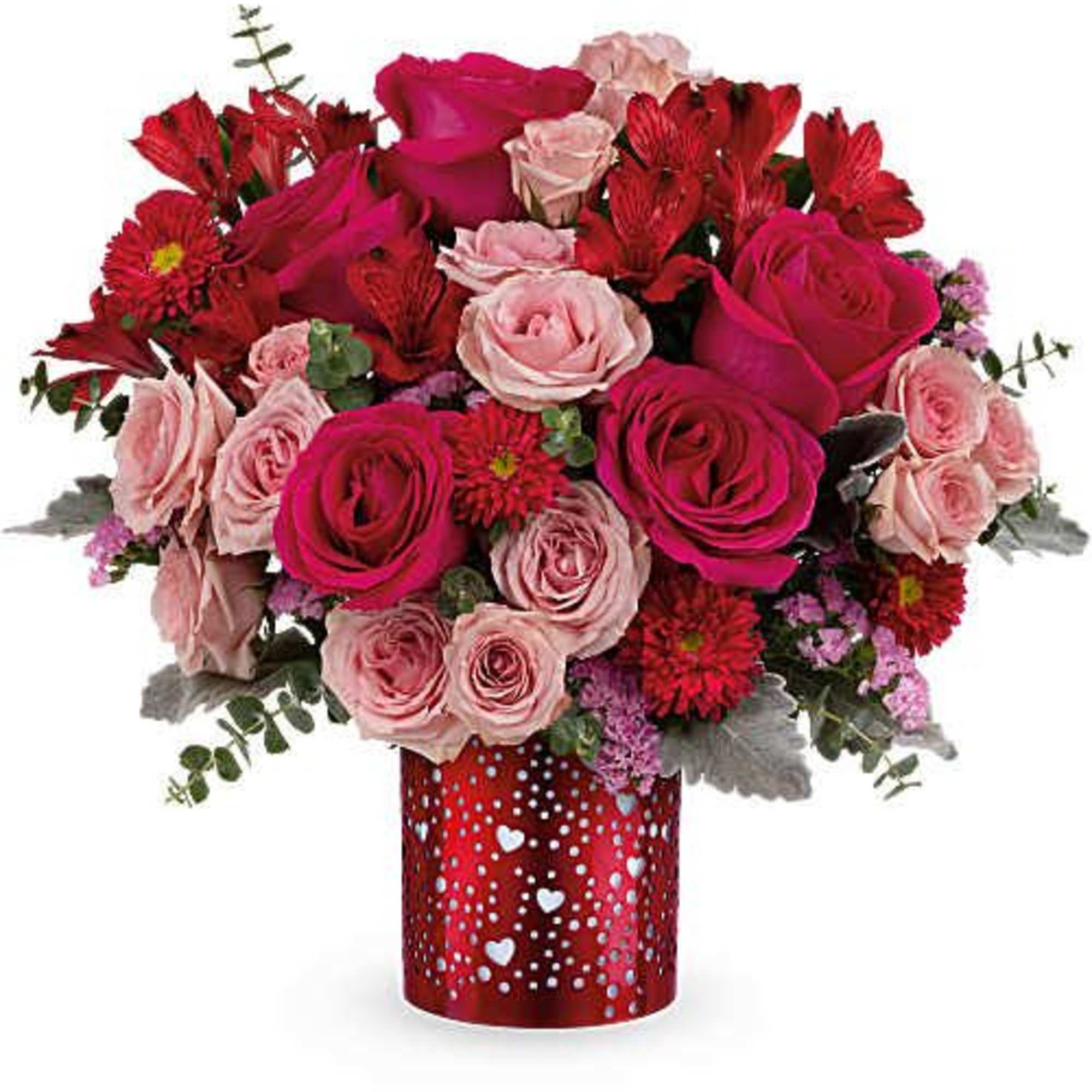 Pink and red rose bouquet in a red heart-patterned vase