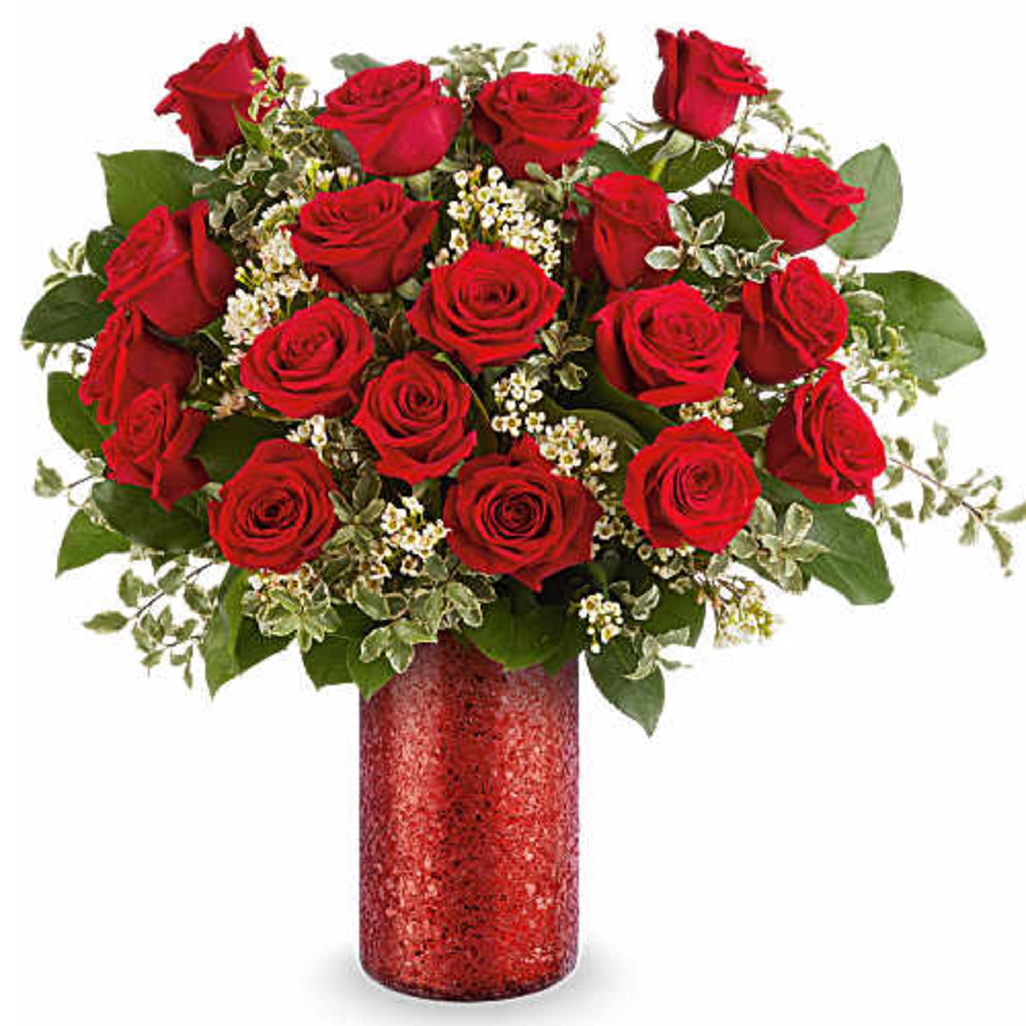 Red roses arranged in a red glitter vase